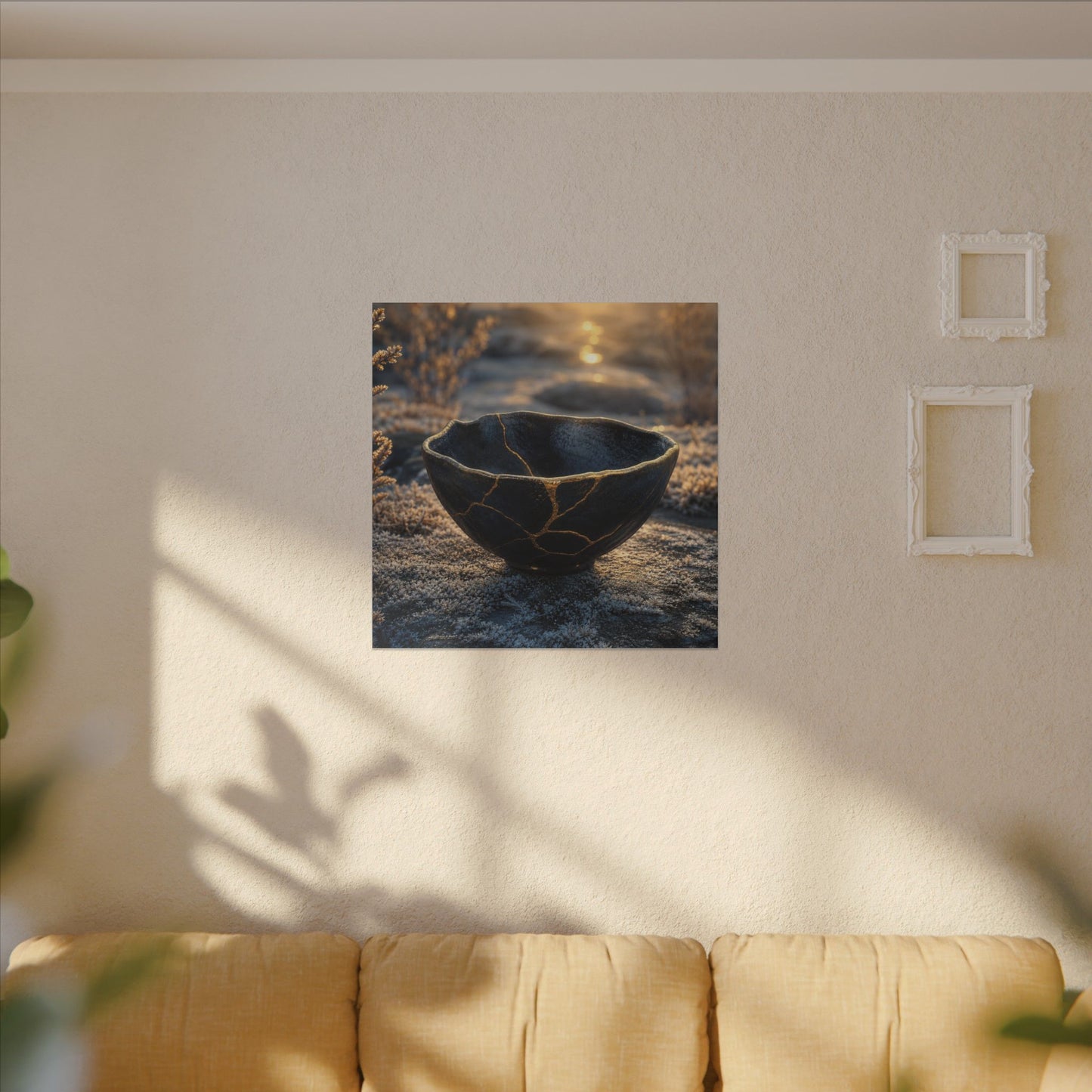 Ceramic Bowl Canvas Art | Winter Kintsugi Gold Repair Art