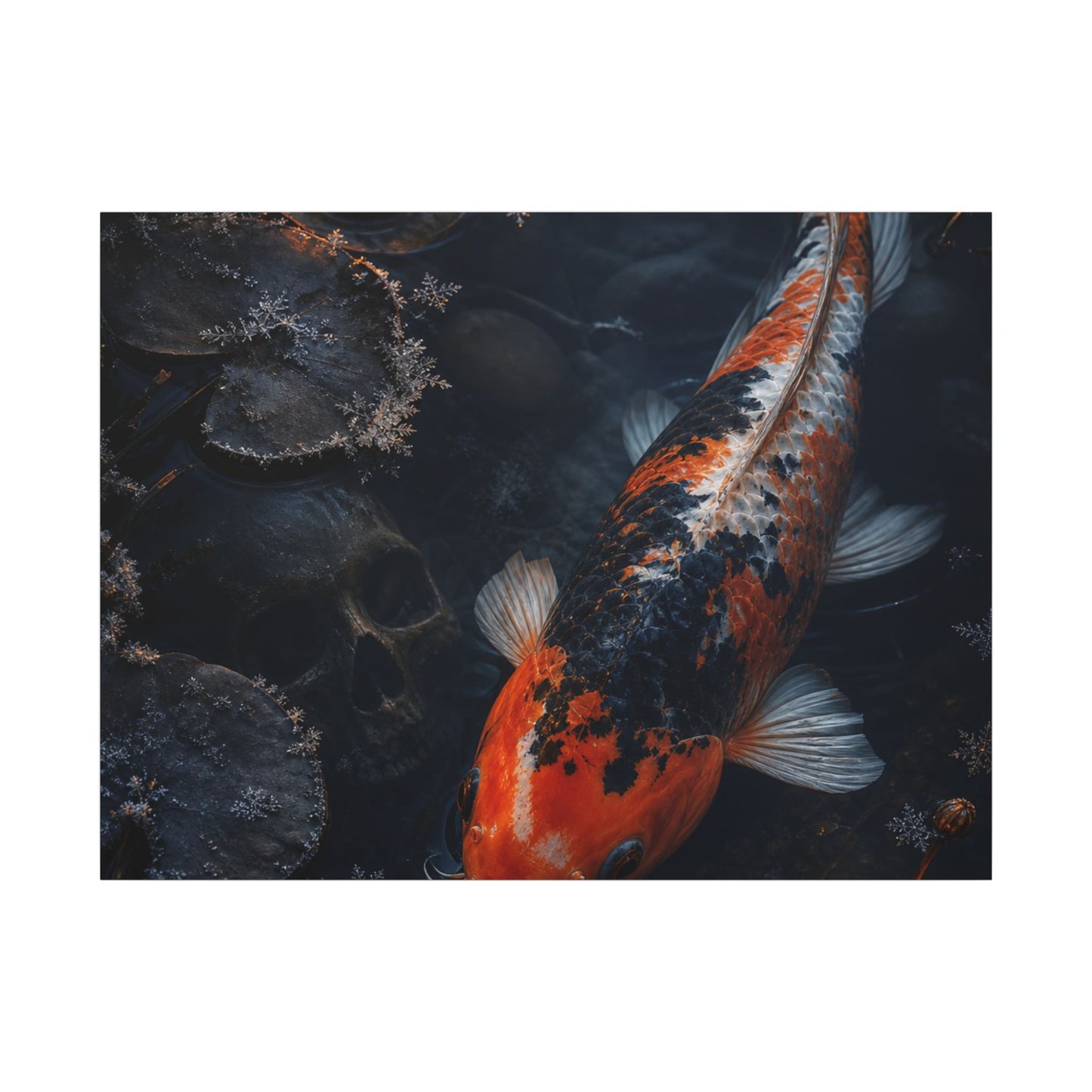 Koi Pond Canvas Art | Winter Dark Japandi Shadow Zen Art