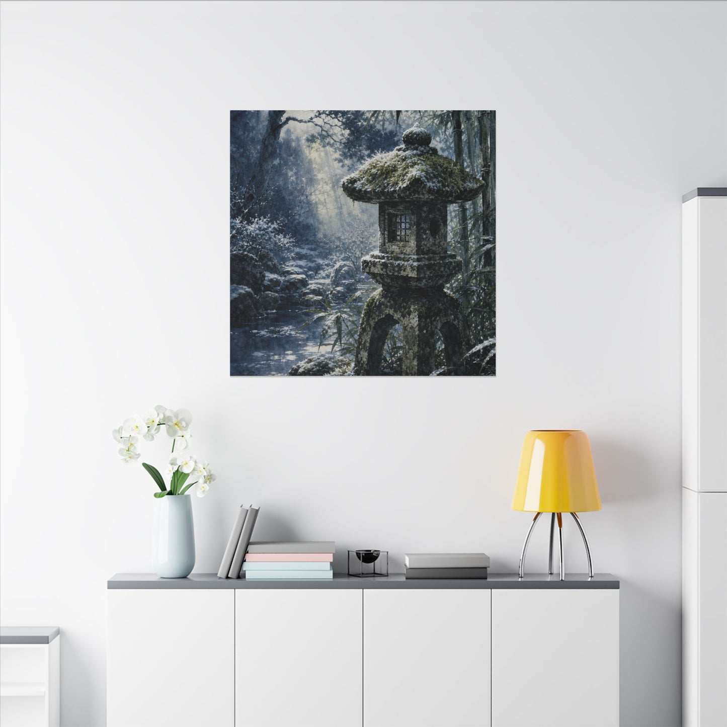 Zen Stone Lantern in Dappled | Sumi E Canvas Art