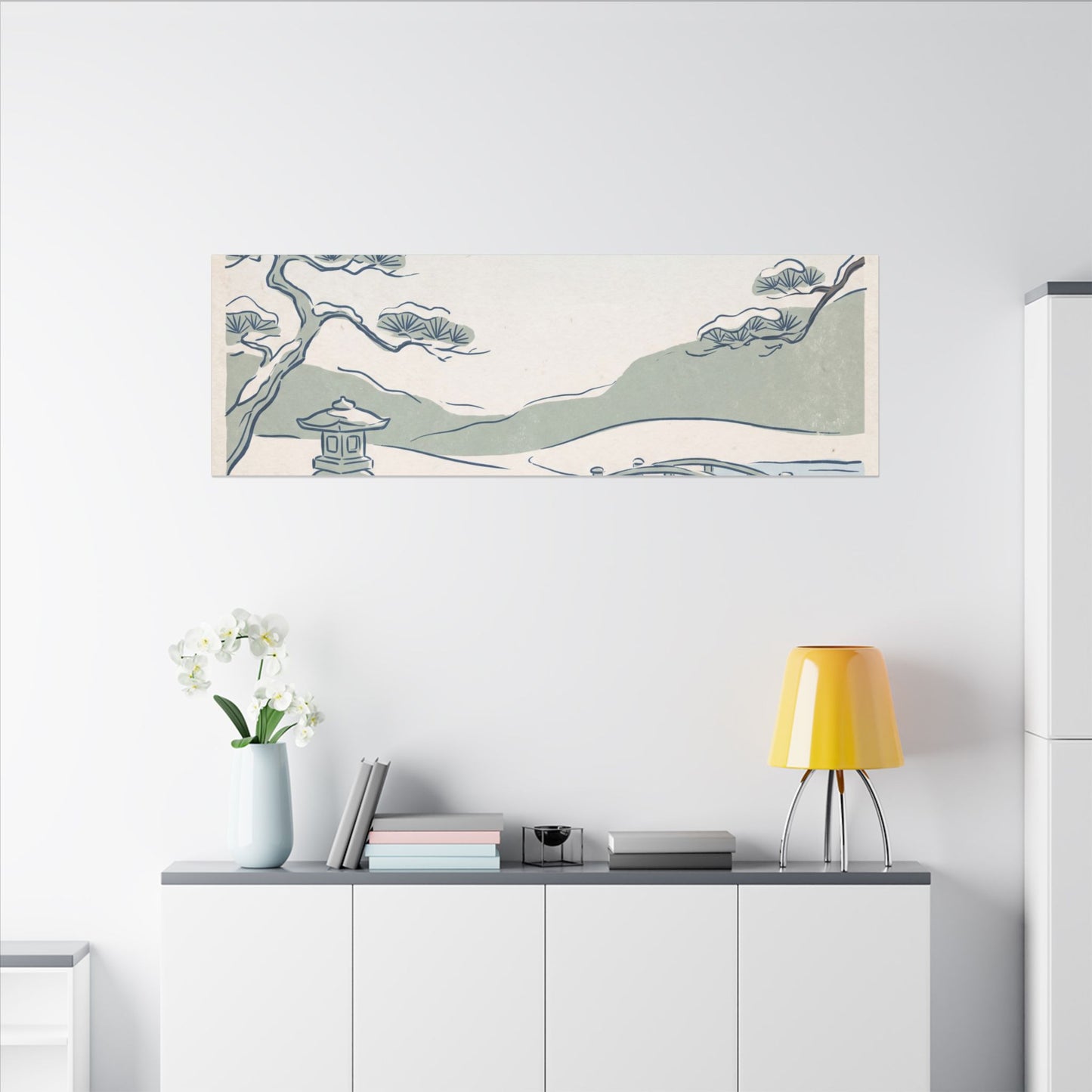 Japandi Moonlit Garden in Moonlight | Minimal Line Canvas Art