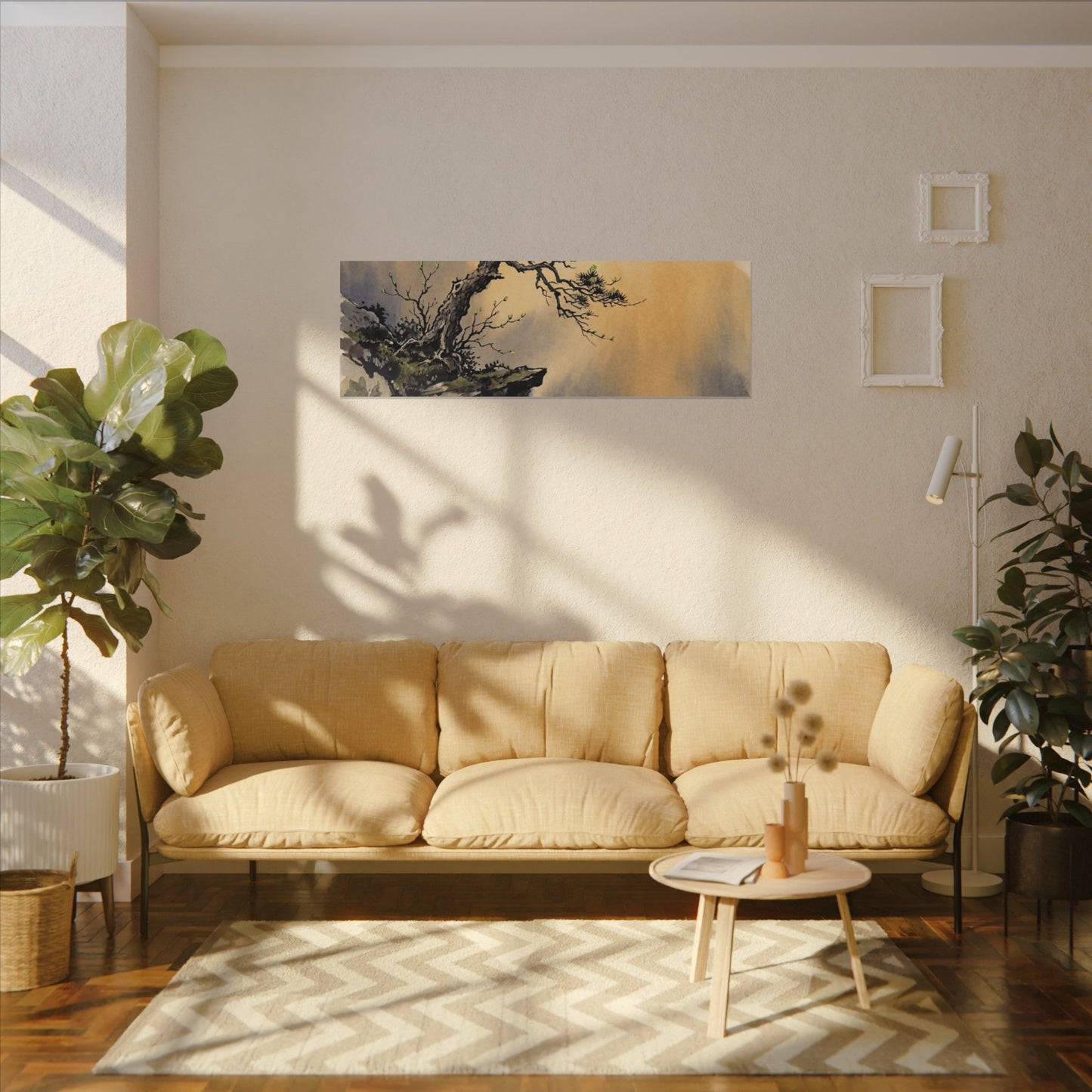 Zen Pine Tree in Golden Hour | Sumi E Canvas Art