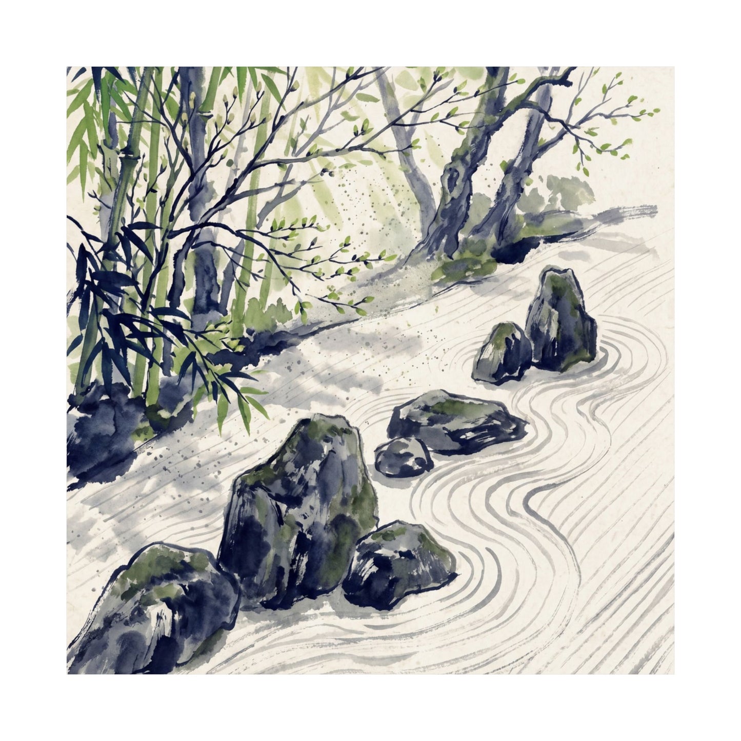Zen Rock Garden in Dappled | Sumi E Wall Art Print