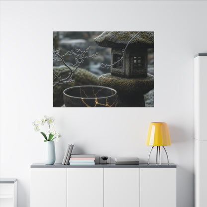 Stone Lantern Canvas Art | Winter Kintsugi Gold Repair Art