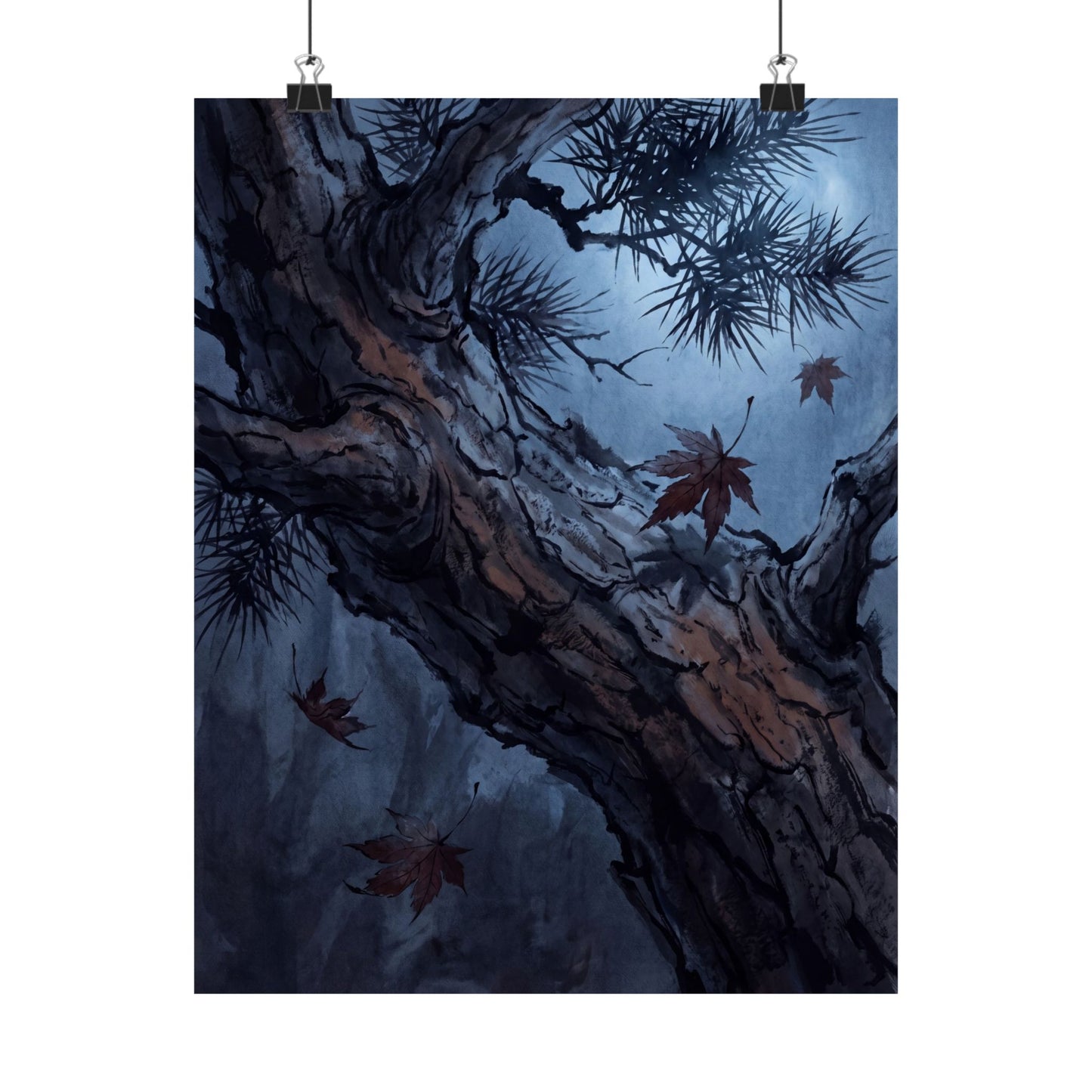 Kanso Pine Tree Wall Art Print - Dark Japandi Shadow Zen