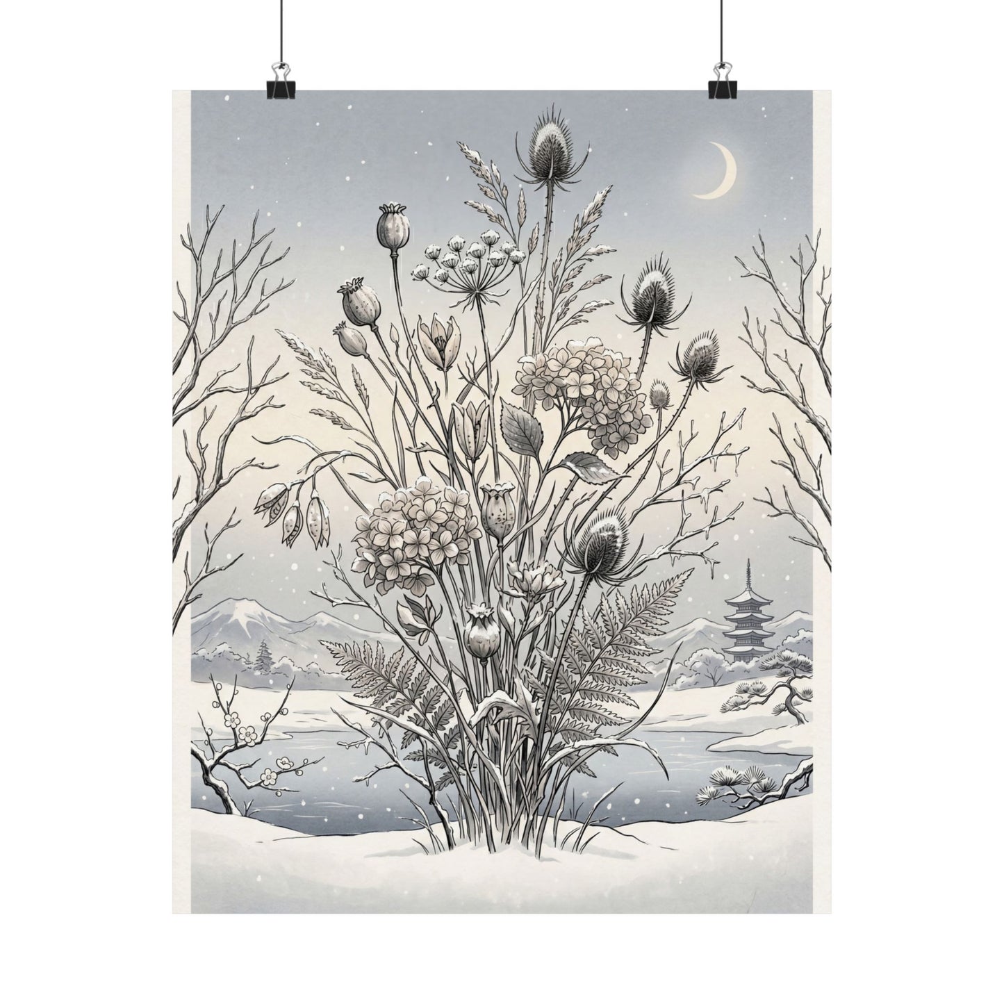 Zen Dried Flowers in Dawn | Ukiyo E Inspired Wall Art Print