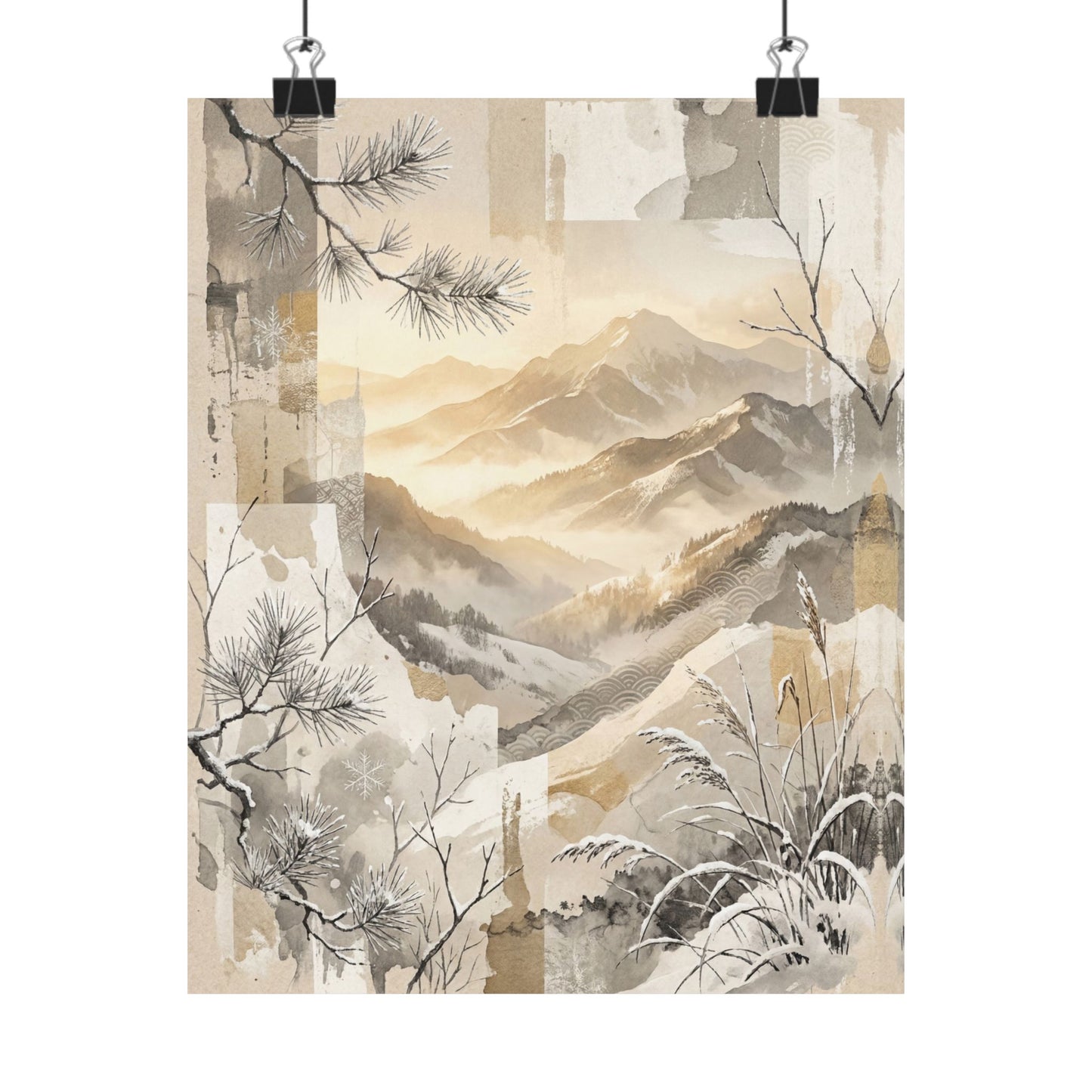 Neutral Mountain Mist Wall Art Print - Japanese Pattern Japandi Art Print