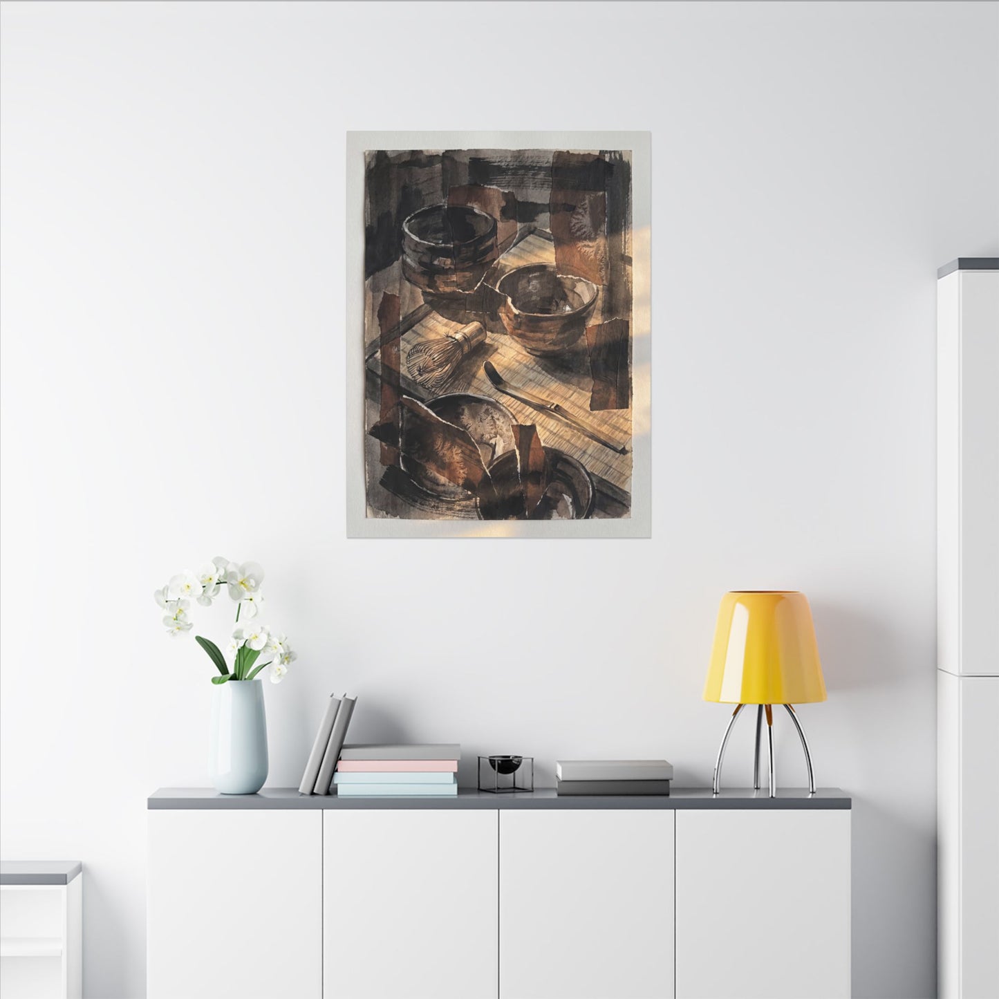 Tea Ceremony Charcoal Ink Canvas Art | Luxurious Dark Japandi Art