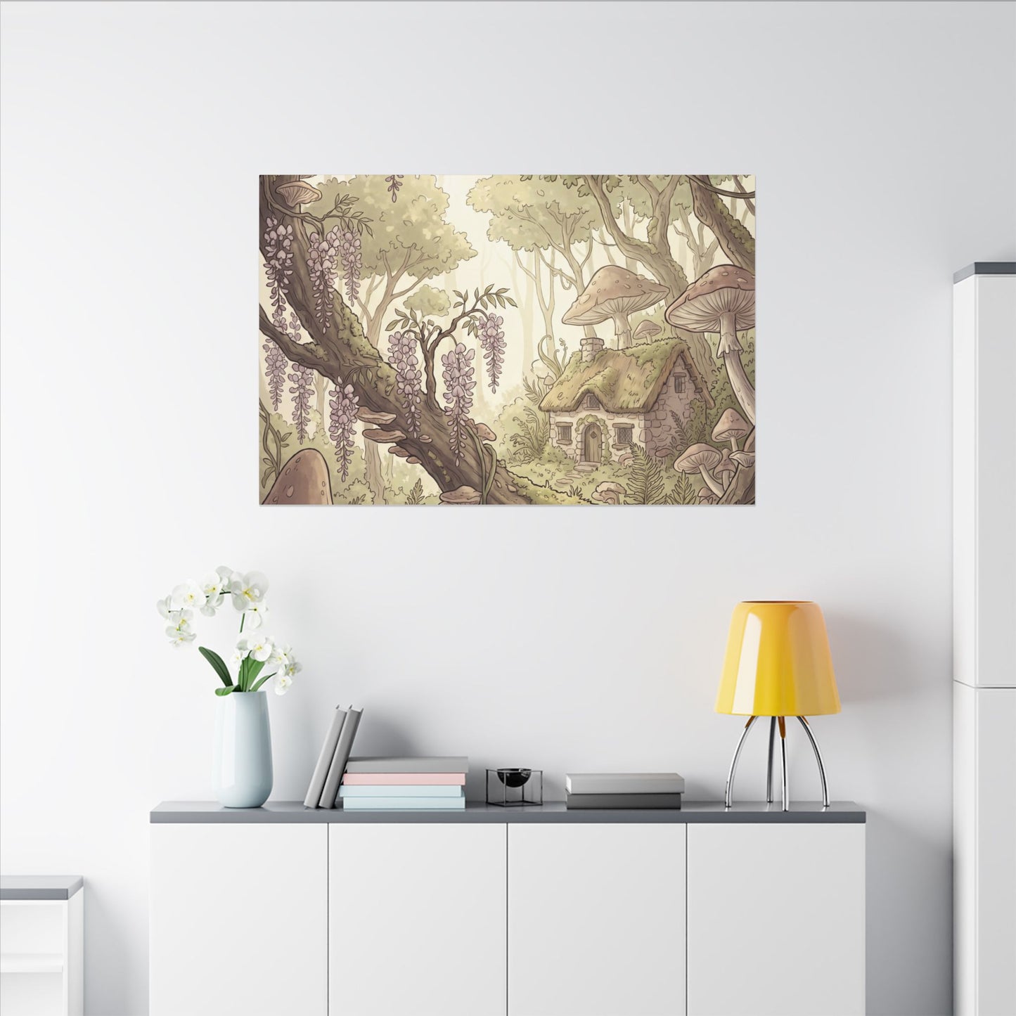 Summer Wisteria Mushroom Illustration Canvas Art | Enchanting Decor