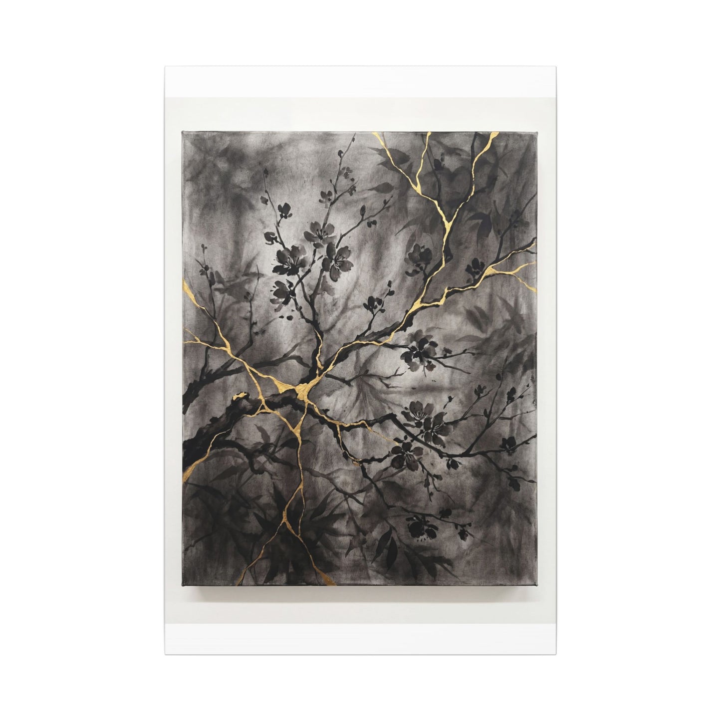 Kanso Cherry Blossom Canvas Art - Kintsugi Crackle Gold
