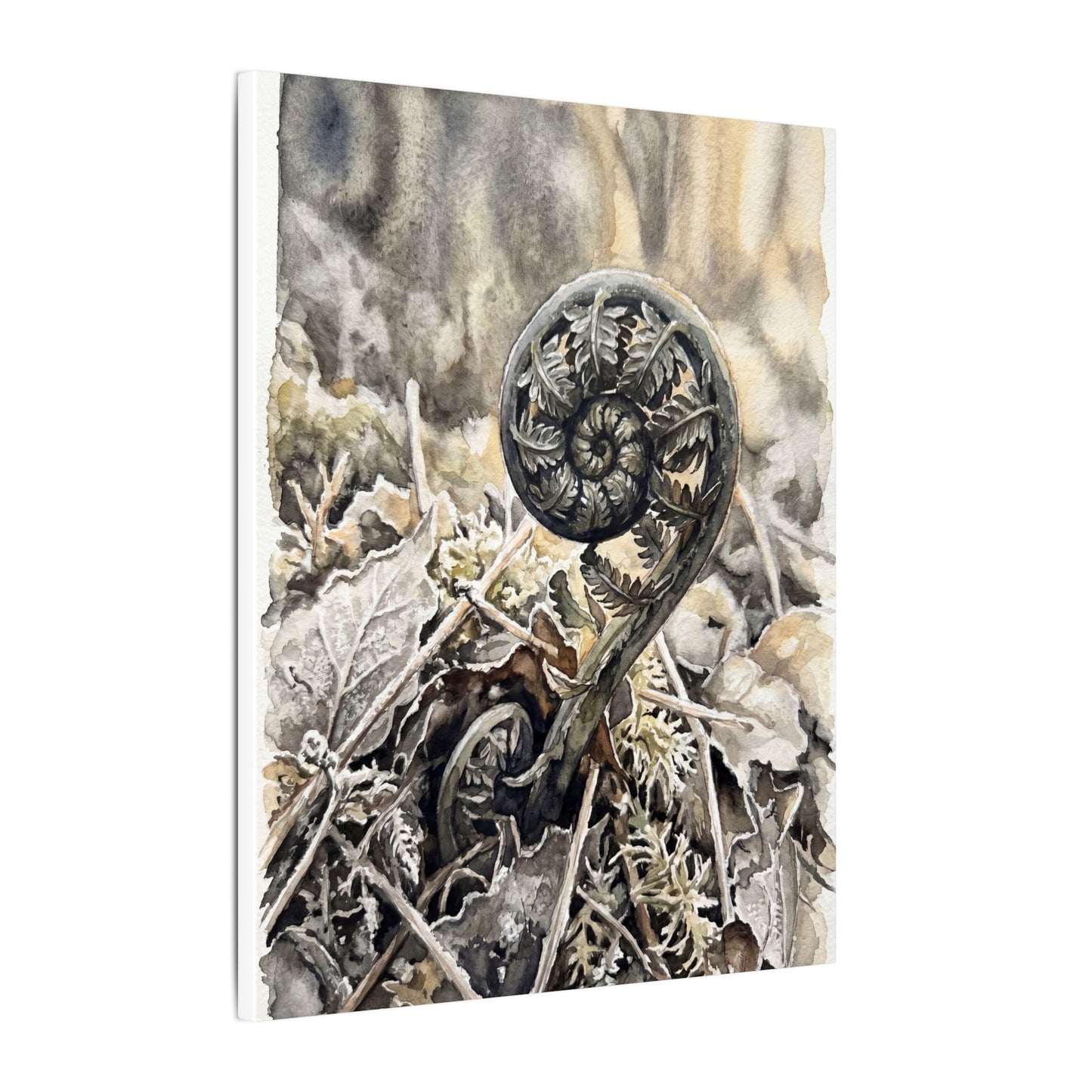 Japandi Fern Unfurling in Golden Hour | Watercolor Canvas Art