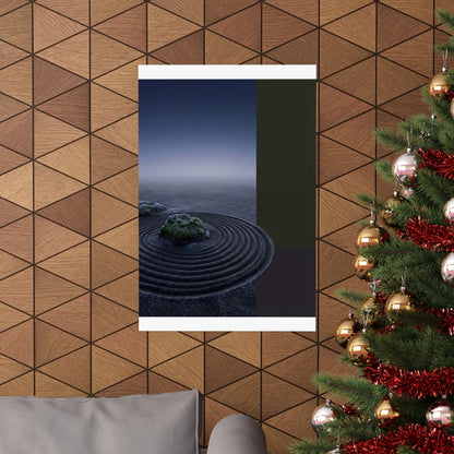 Dark Japandi Rock Garden in Dawn | Moody Minimal Wall Art Print