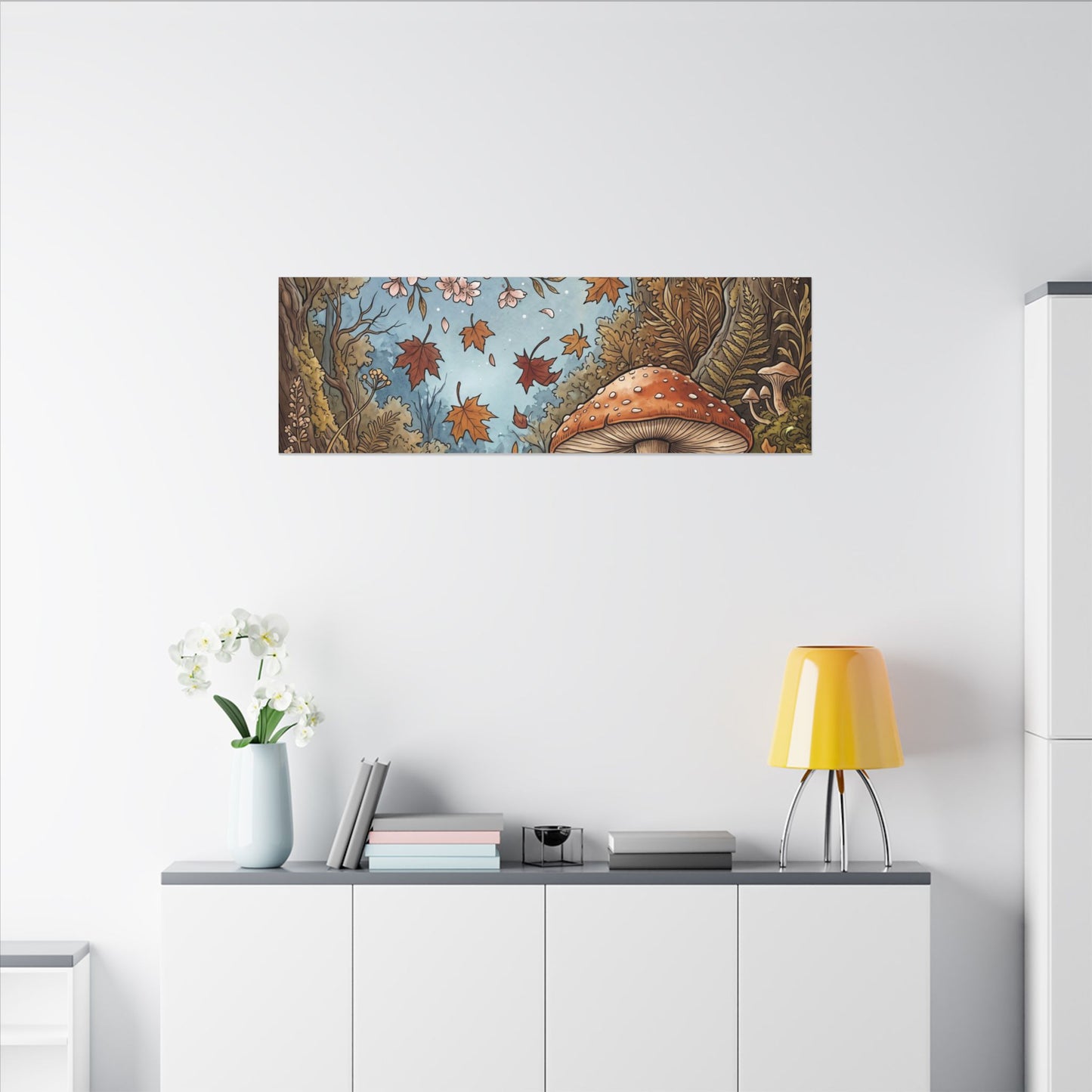 Autumn Cherry Blossom Mushroom Illustration Canvas Art | Enchanting Decor