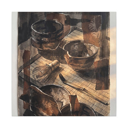 Tea Ceremony Charcoal Ink Canvas Art | Luxurious Dark Japandi Art