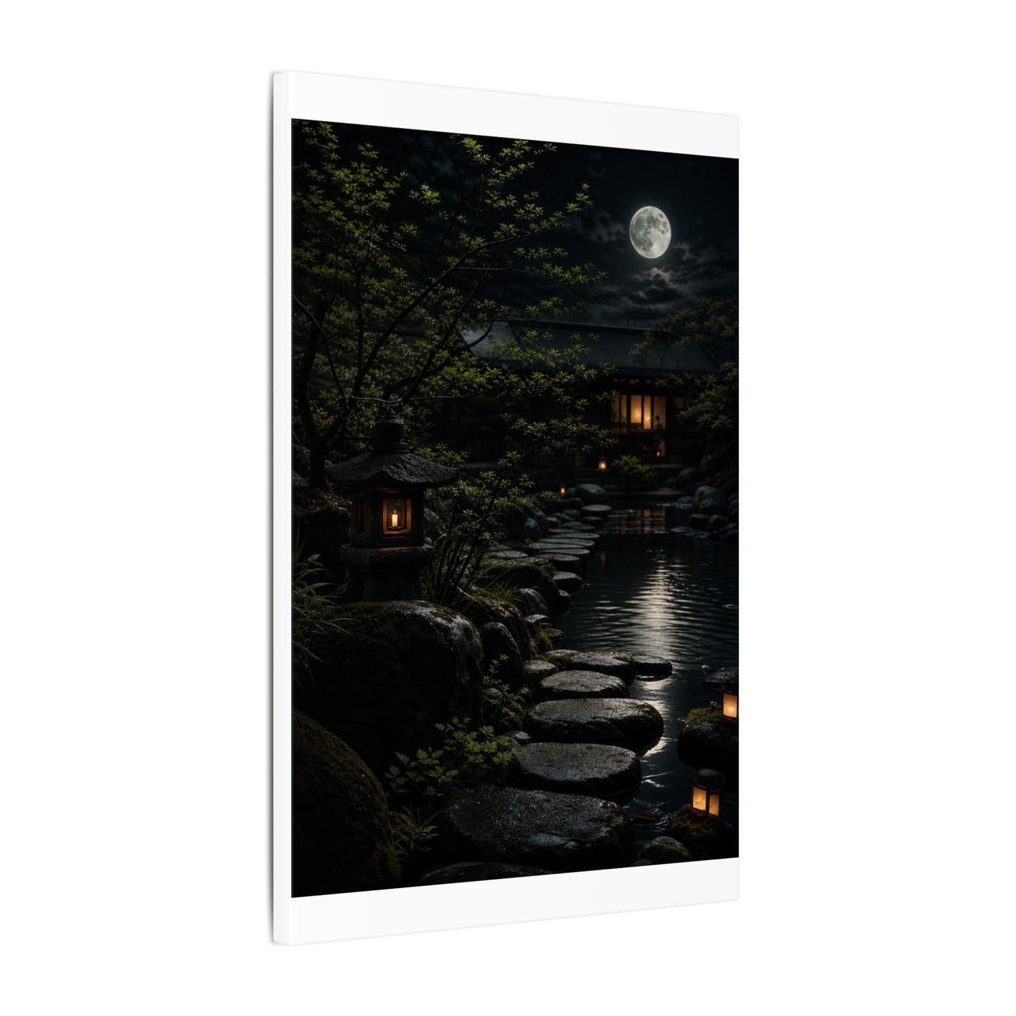 Moonlit Garden Shadow Zen Canvas Art | Sophisticated Dark Japandi Art