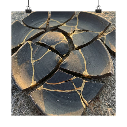 Broken Pottery Wall Art Print | Winter Kintsugi Gold Vein Art Art Print