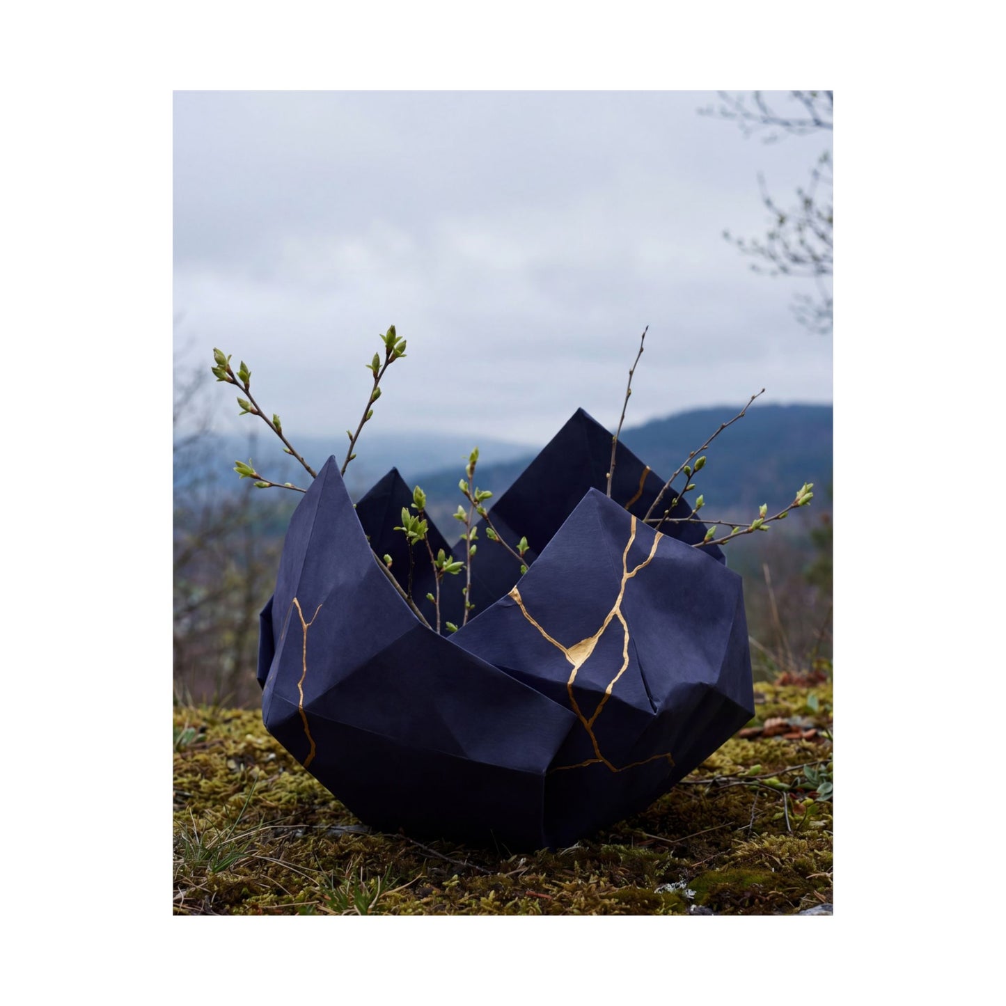 Kintsugi Paper Fold in Overcast | Gold Repair Wall Art Print