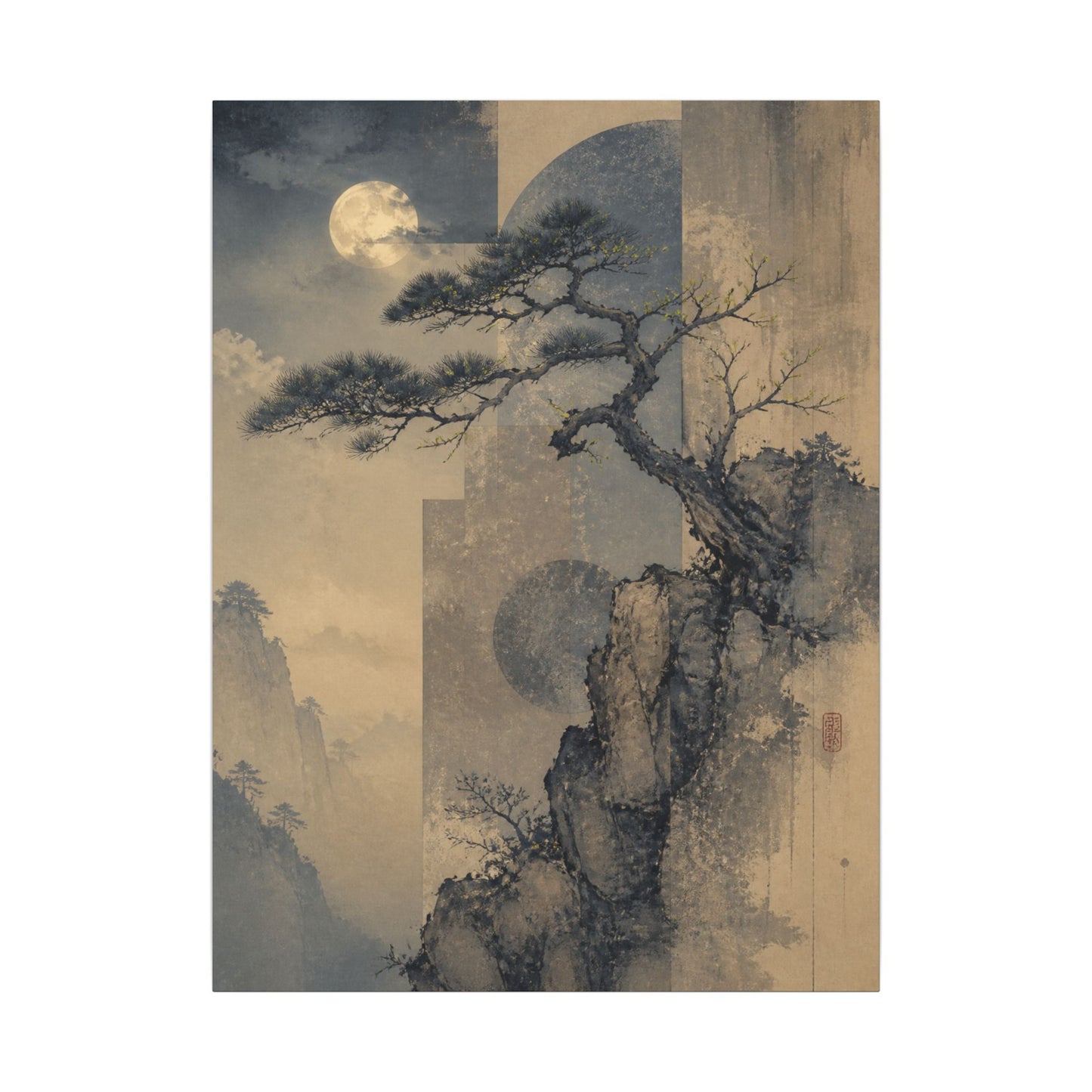 Japandi Pine Tree in Moonlight | Japanese Pattern Canvas Art