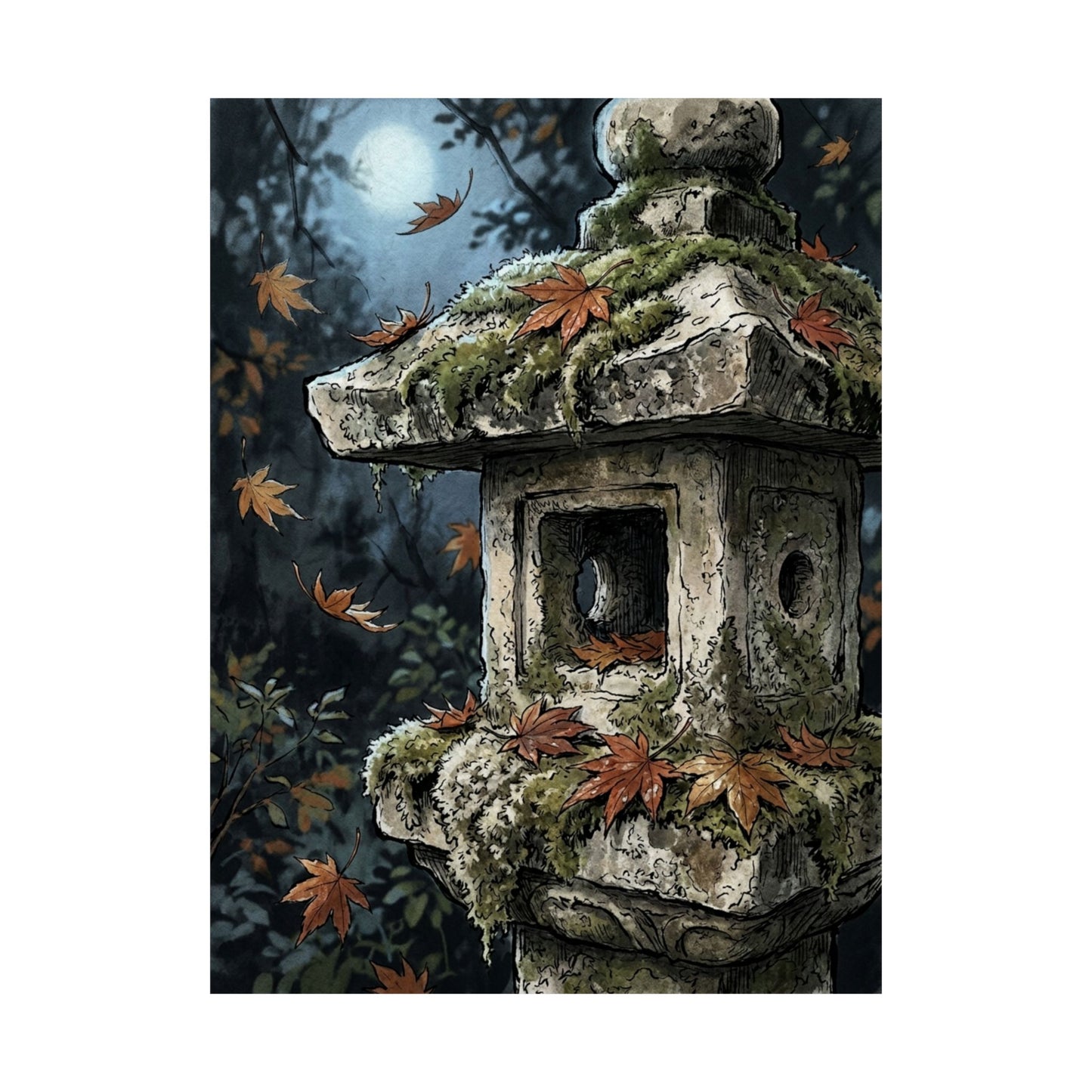 Autumn Stone Lantern Minimal Line Wall Art Print | Warm Decor