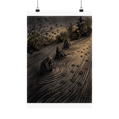 Rock Garden Autumn Wall Art Print | Dark Japandi Sophisticated Design