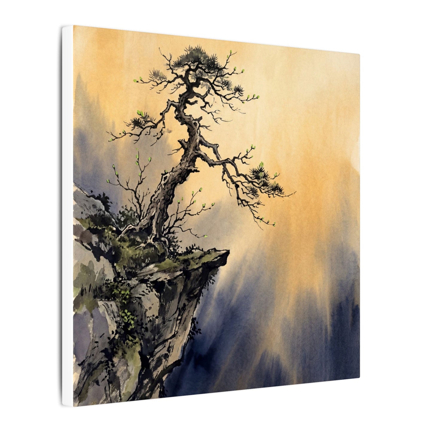 Zen Pine Tree in Golden Hour | Sumi E Canvas Art