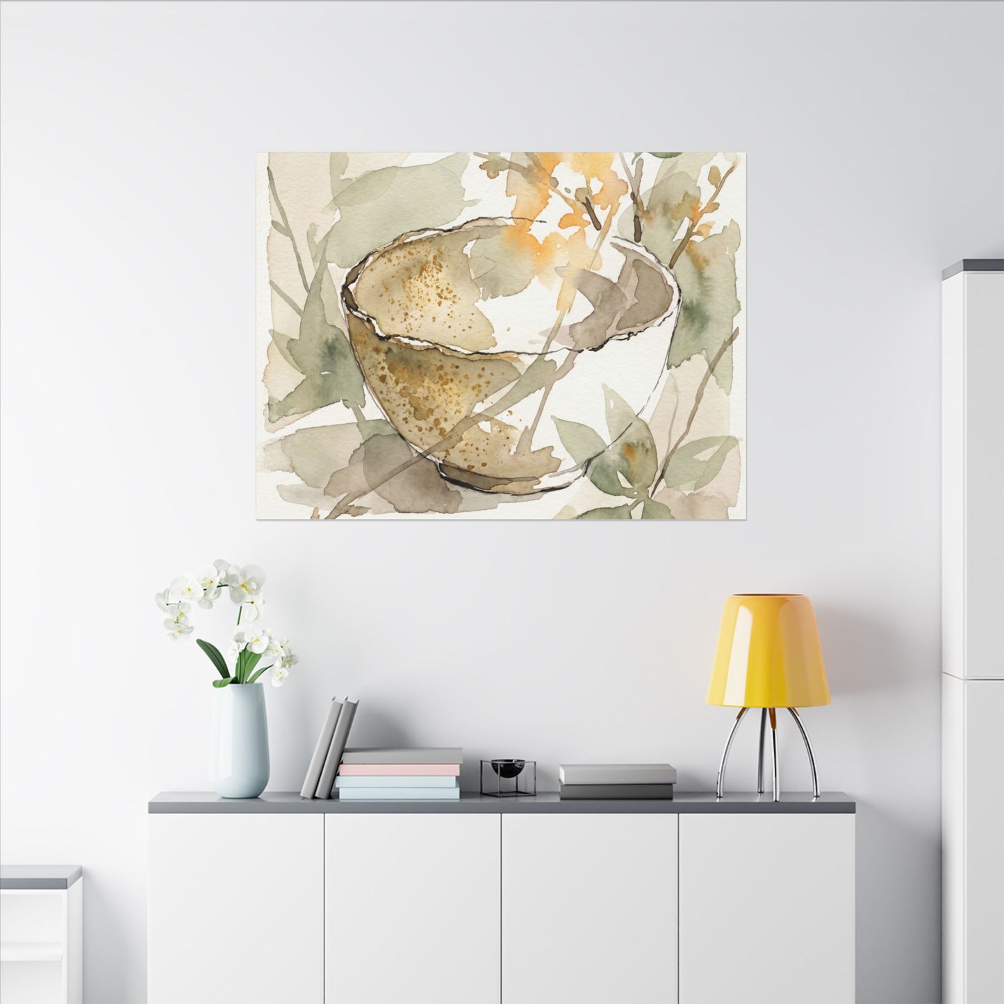 Spring Ceramic Bowl Watercolor Canvas Art | Neutral Decor