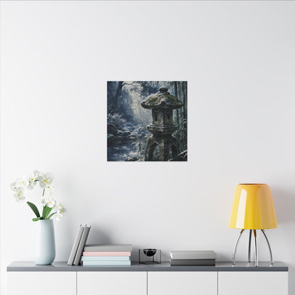 Zen Stone Lantern in Dappled | Sumi E Canvas Art