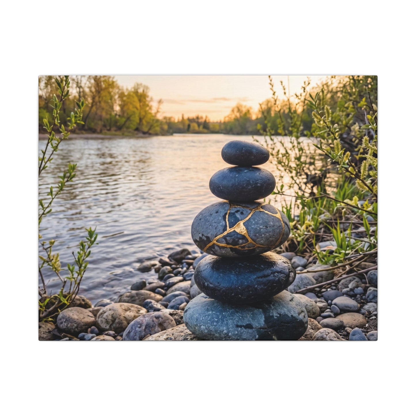 Kintsugi River Stones in Golden Hour | Gold Vein Canvas Art