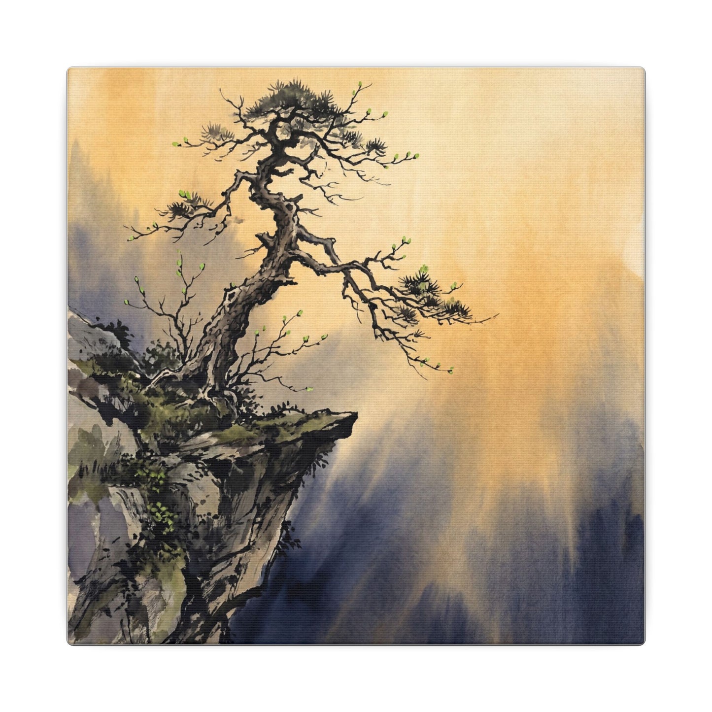 Zen Pine Tree in Golden Hour | Sumi E Canvas Art