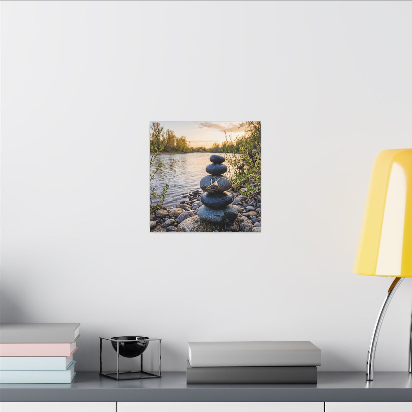 Kintsugi River Stones in Golden Hour | Gold Vein Canvas Art