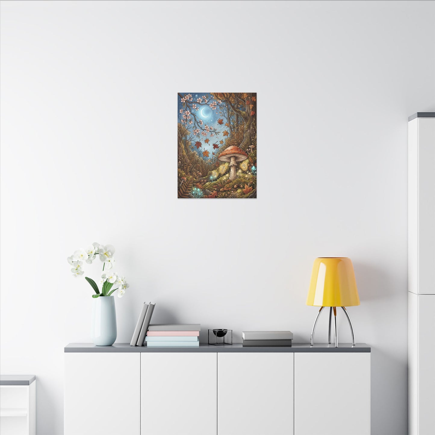 Autumn Cherry Blossom Mushroom Illustration Canvas Art | Enchanting Decor