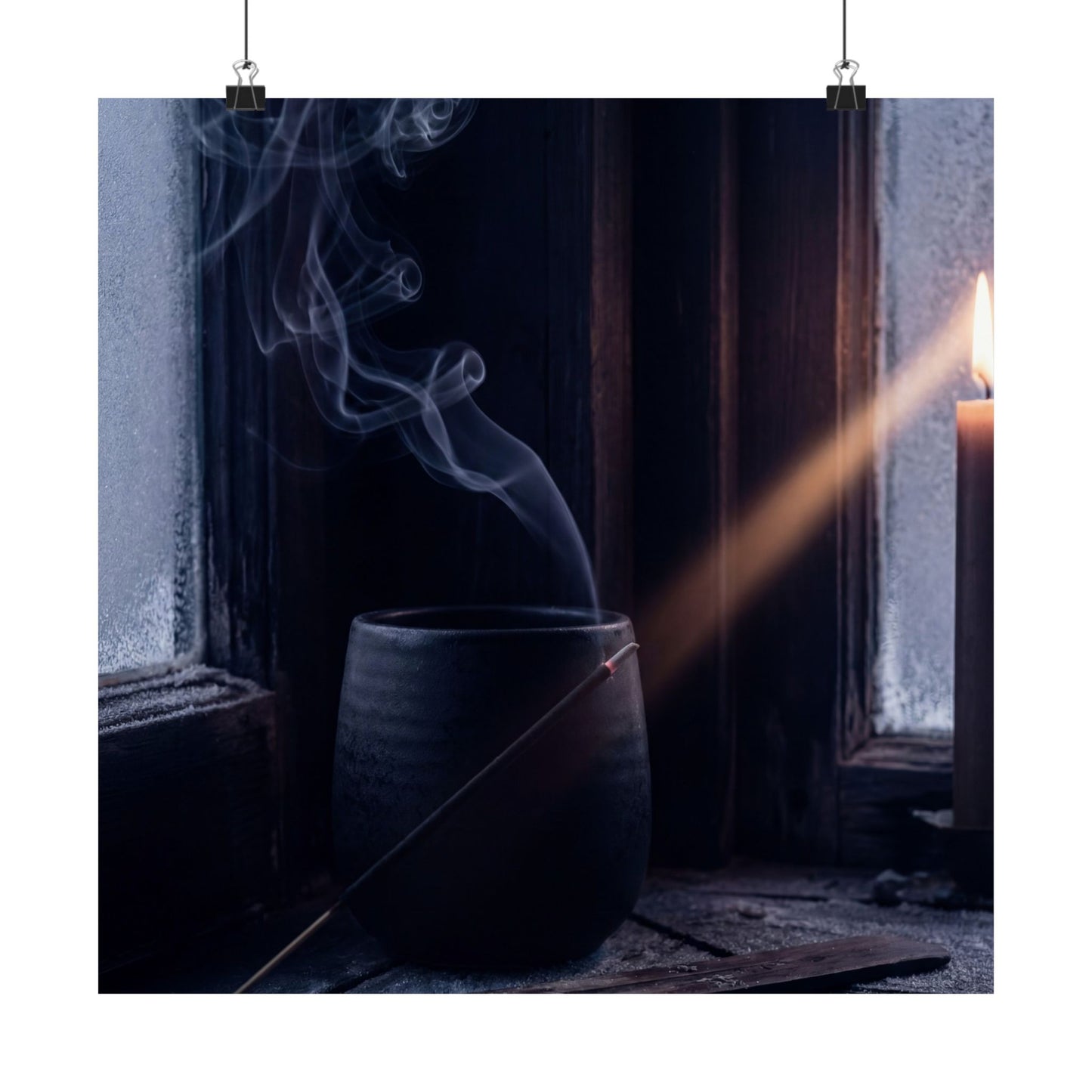 Dark Japandi Incense Smoke in Candlelight | Moody Minimal Wall Art Print