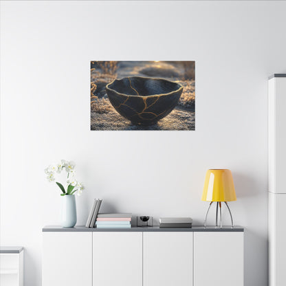 Ceramic Bowl Canvas Art | Winter Kintsugi Gold Repair Art