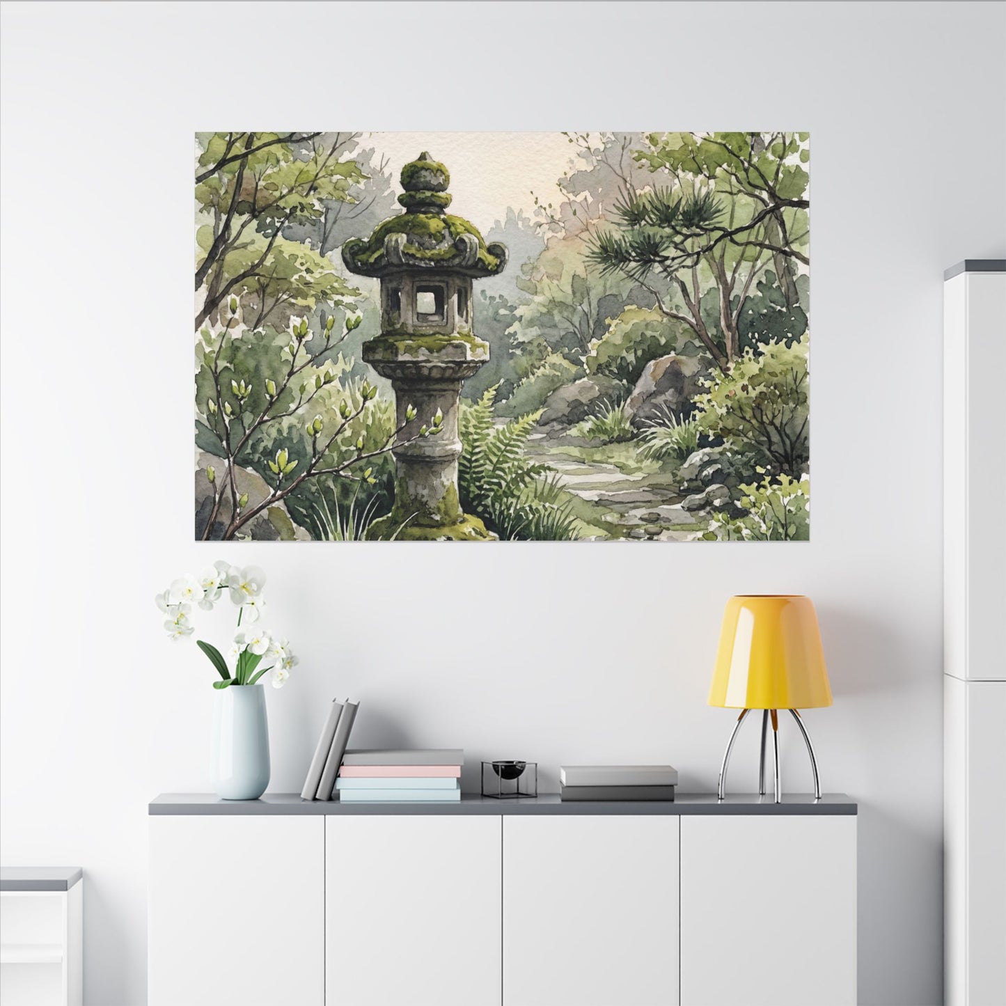 Neutral Stone Lantern Canvas Art - Watercolor Japandi