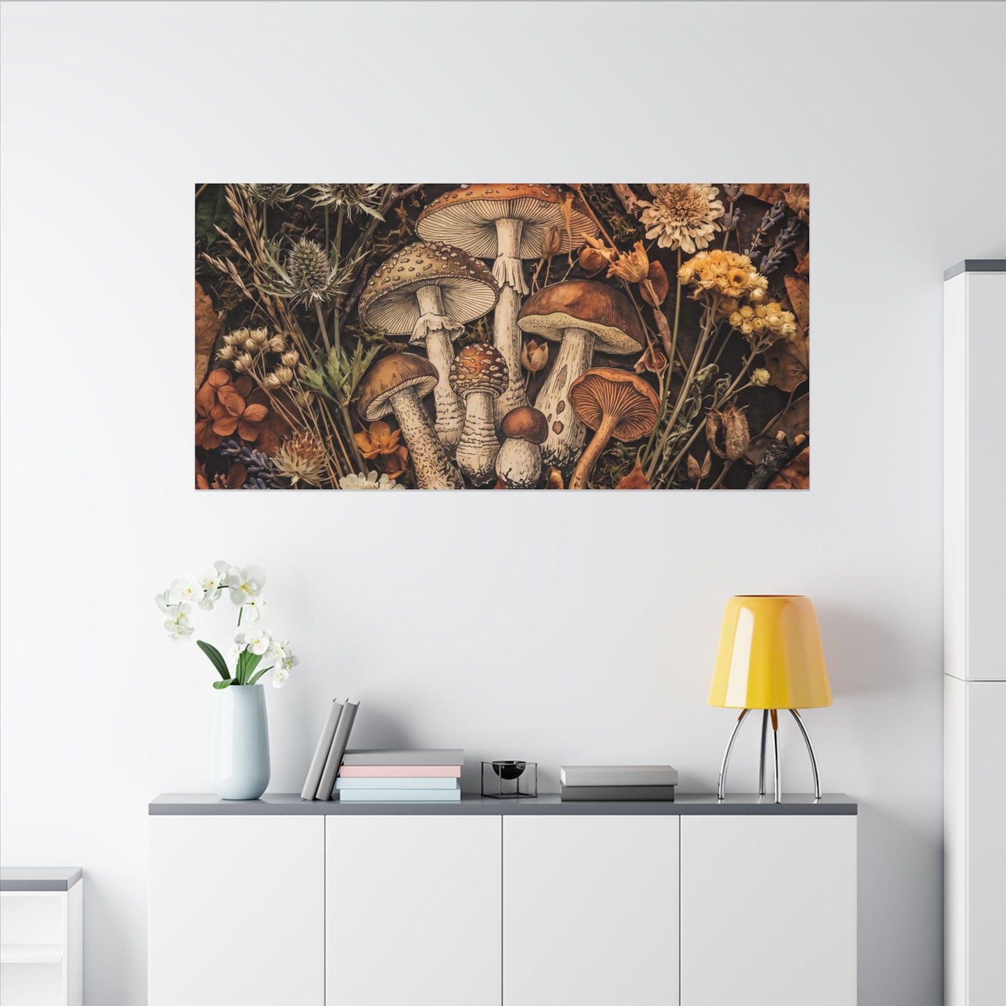 Autumn Dried Flowers Mushroom Illustration Canvas Art | Earthy Decor