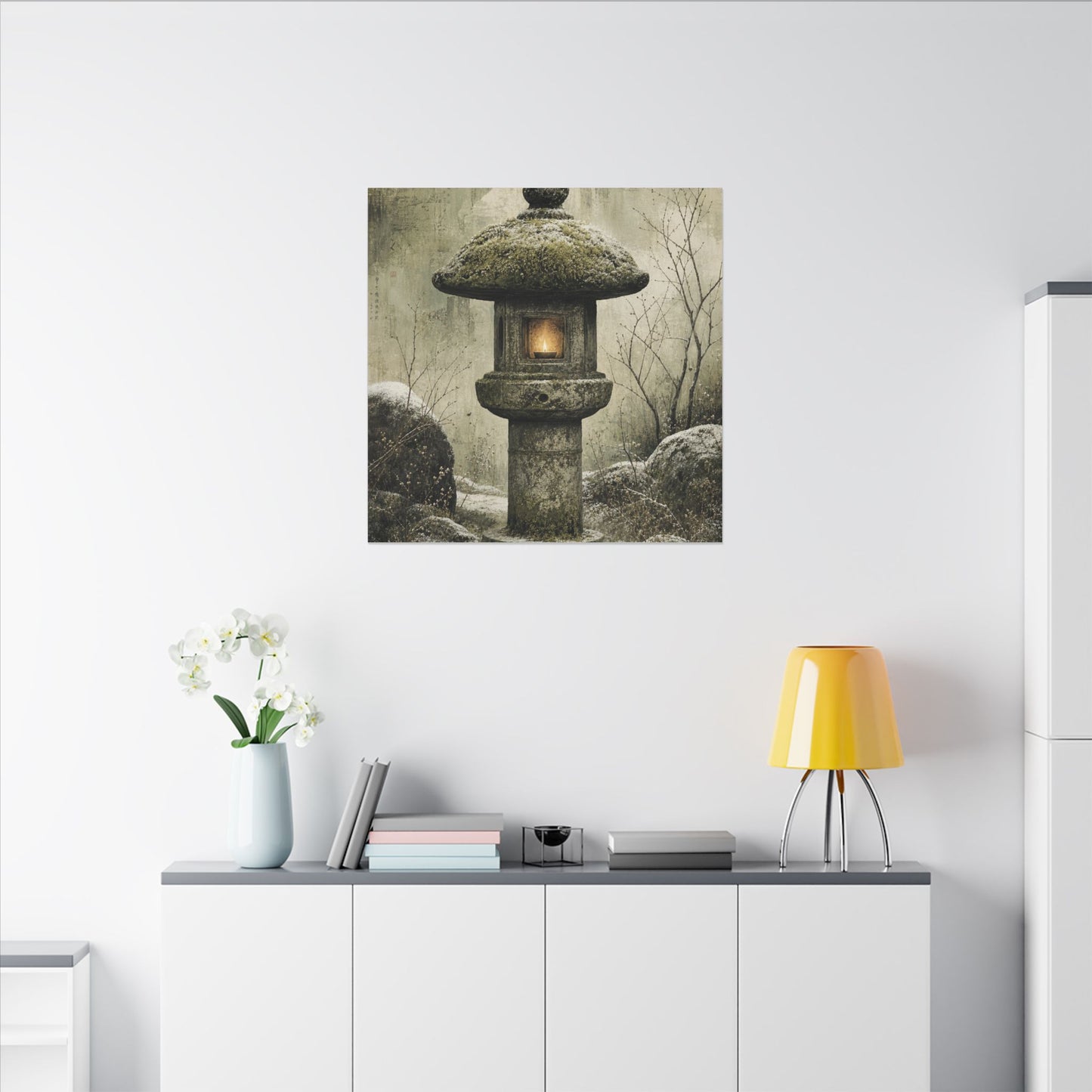 Stone Lantern Winter Canvas Art | Japandi Neutral Design