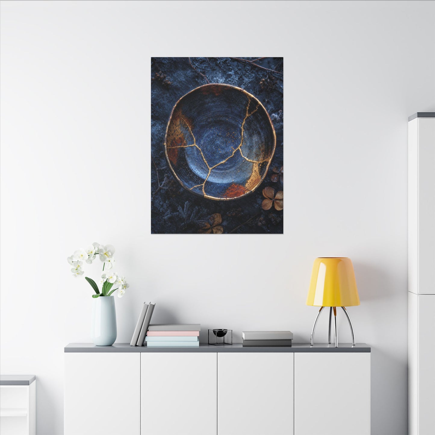Kintsugi Ceramic Bowl in Moonlight | Crackle Gold Canvas Art