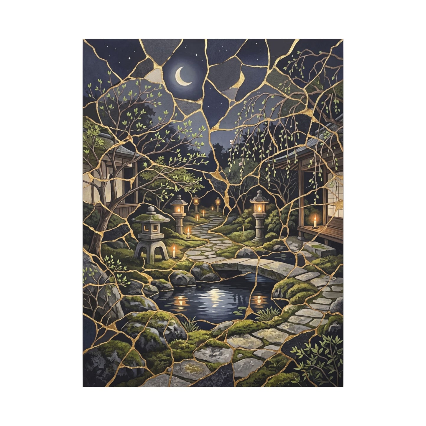 Kintsugi Moonlit Garden in Candlelight | Gold Vein Canvas Art
