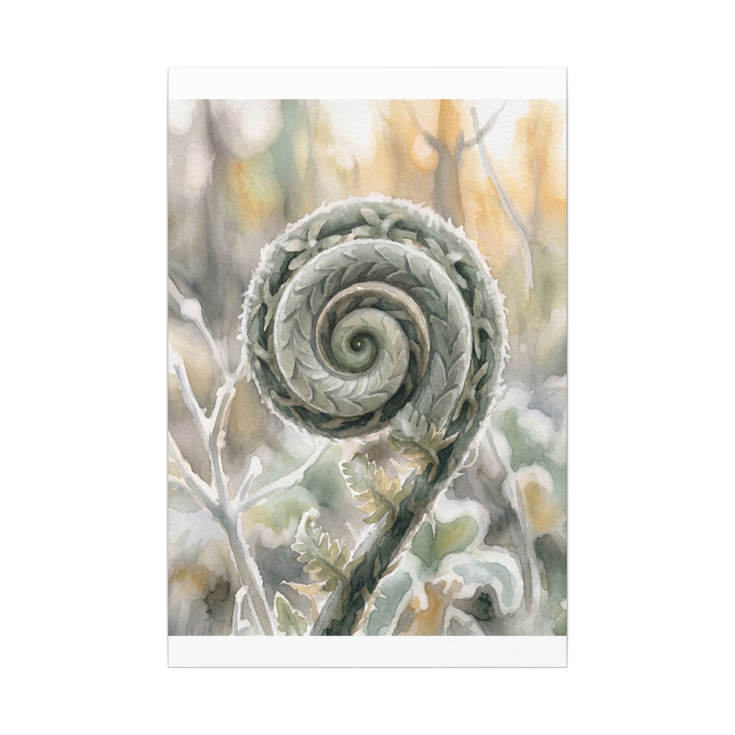 Winter Fern Unfurling Watercolor Canvas Art | Cozy Decor