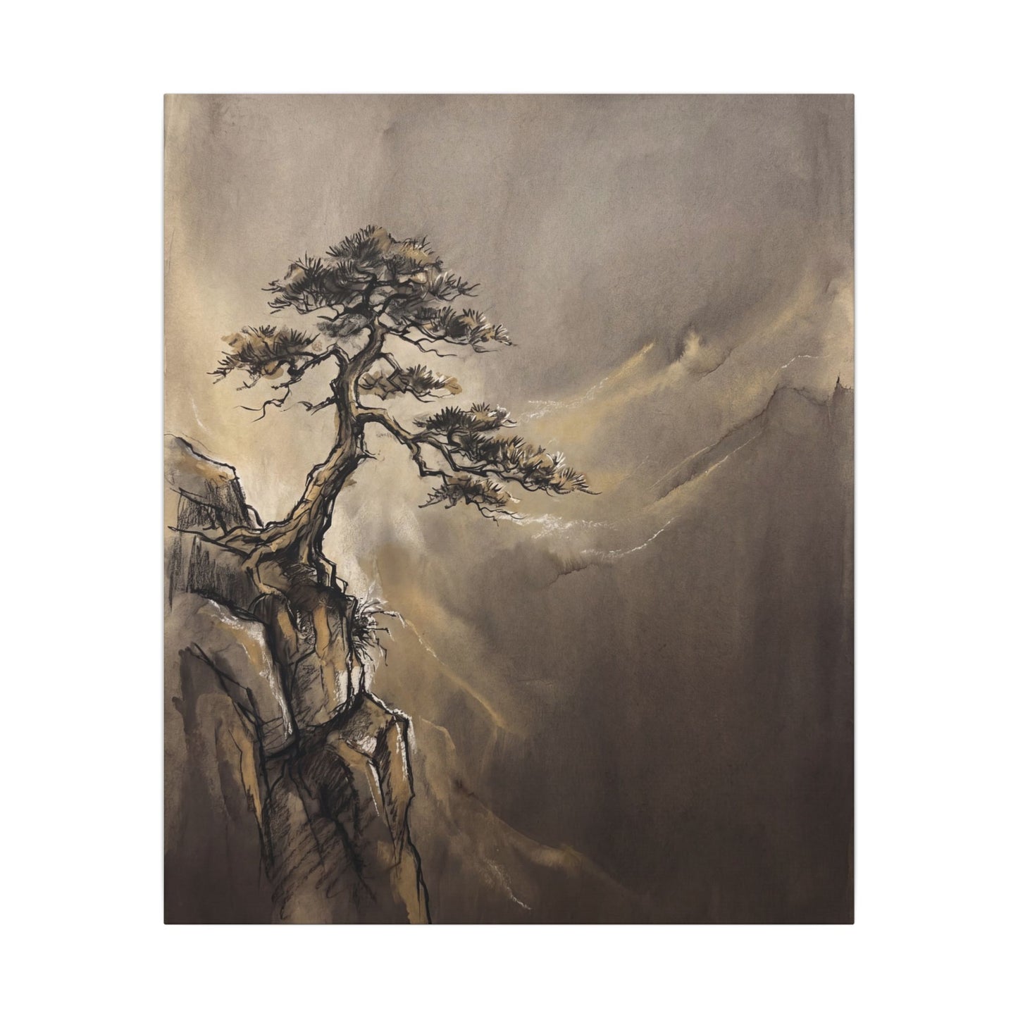 Pine Tree Charcoal Ink Canvas Art | Luxurious Dark Japandi Art