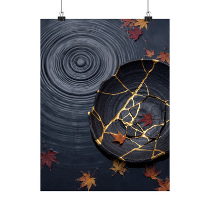 Kintsugi Water Ripple in Overcast | Gold Repair Wall Art Print