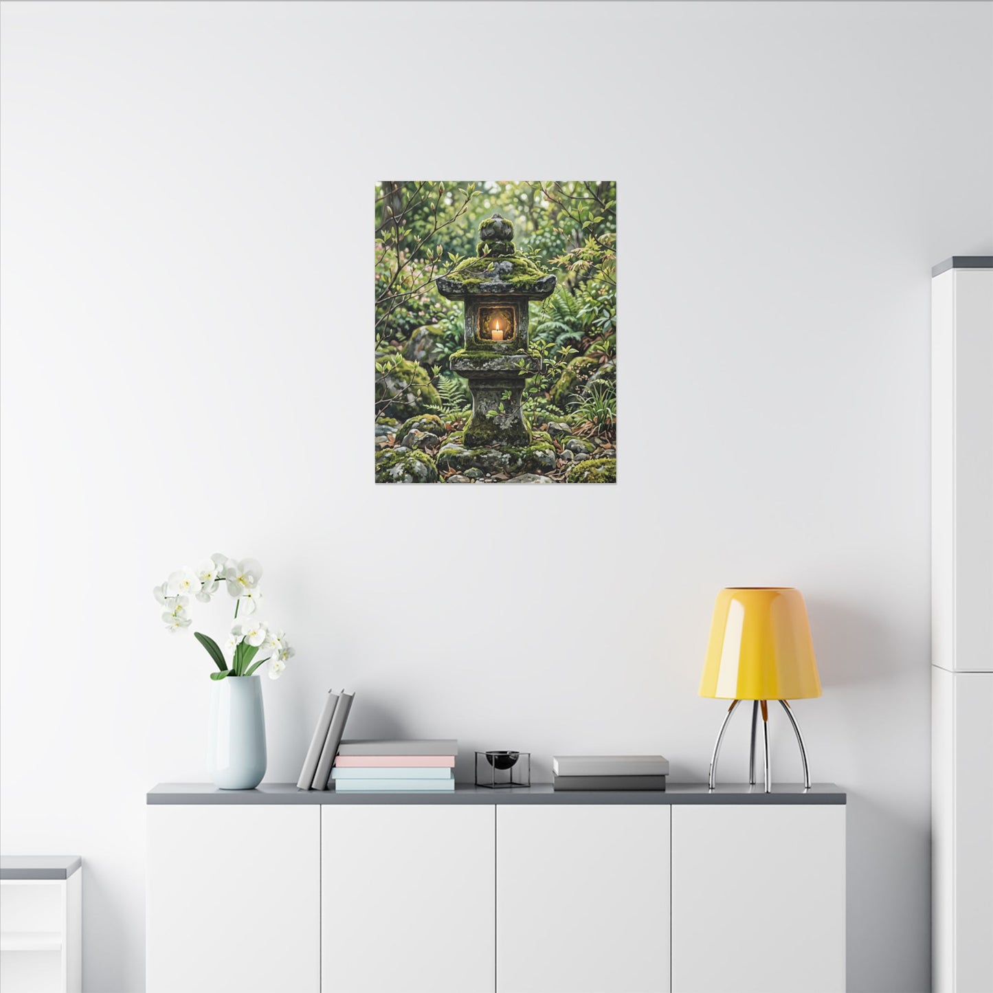Neutral Stone Lantern Canvas Art - Japanese Pattern Japandi