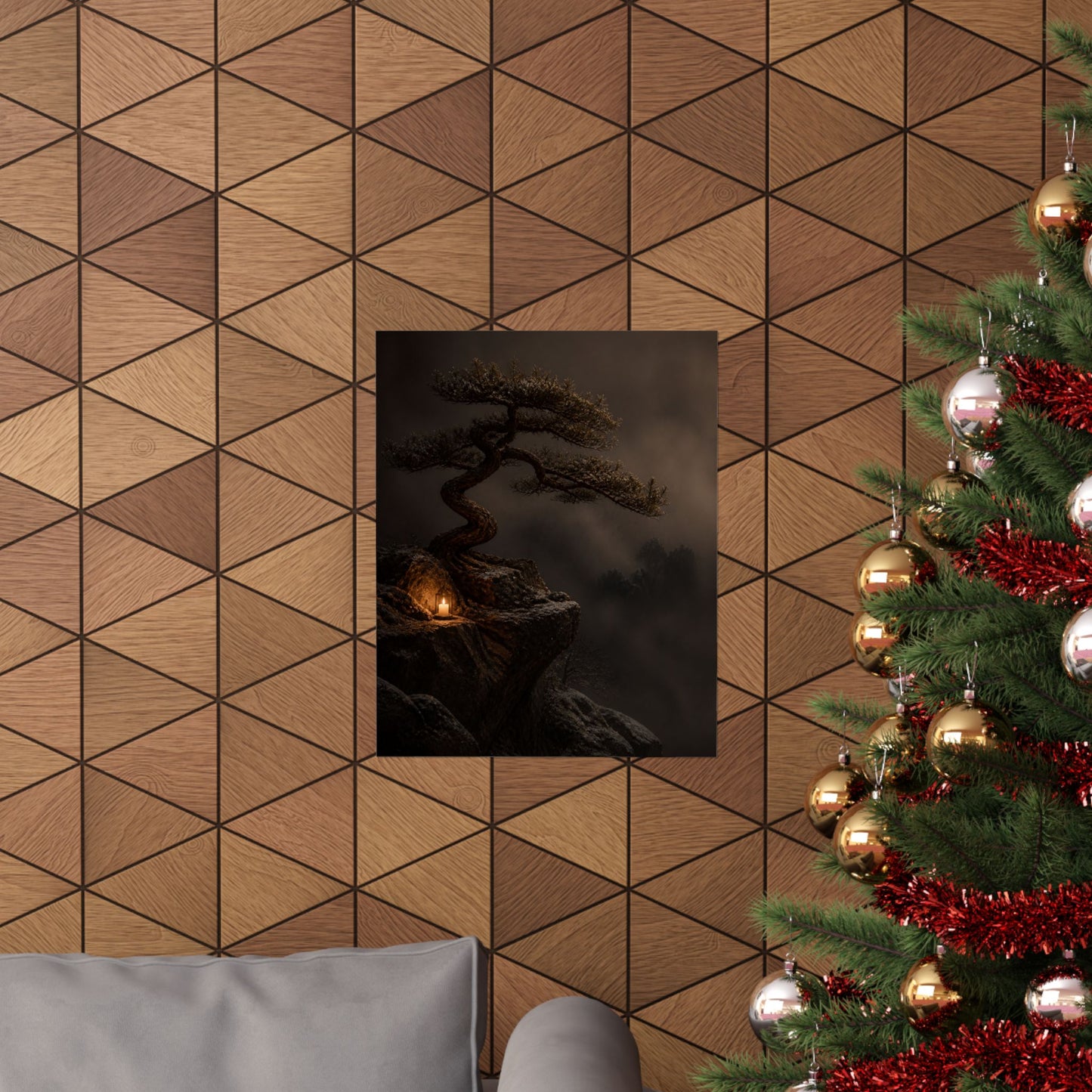 Candlelight Pine Tree Wall Art Print - Dark Japandi Kanso