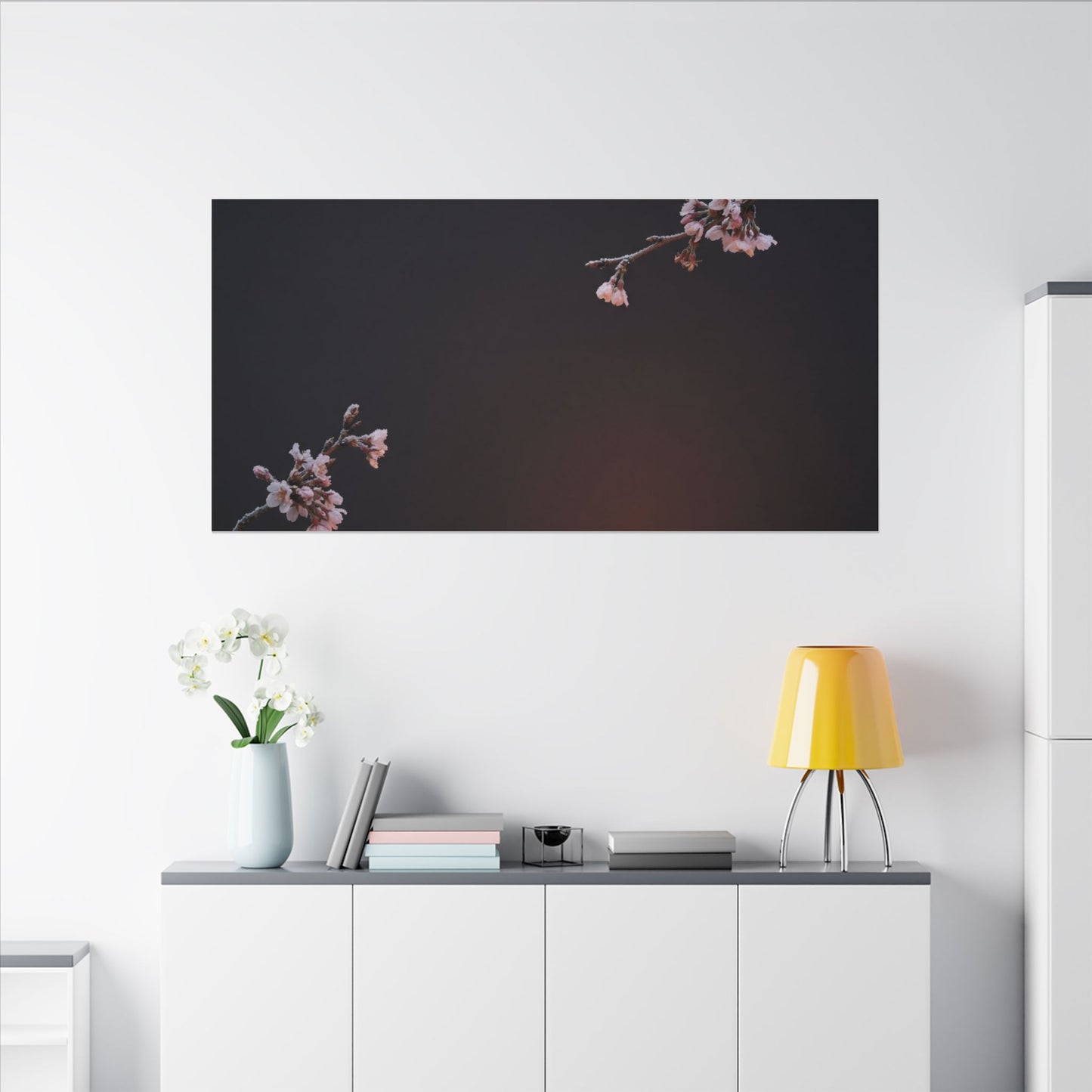 Dark Japandi Cherry Blossom in Candlelight | Moody Minimal Canvas Art