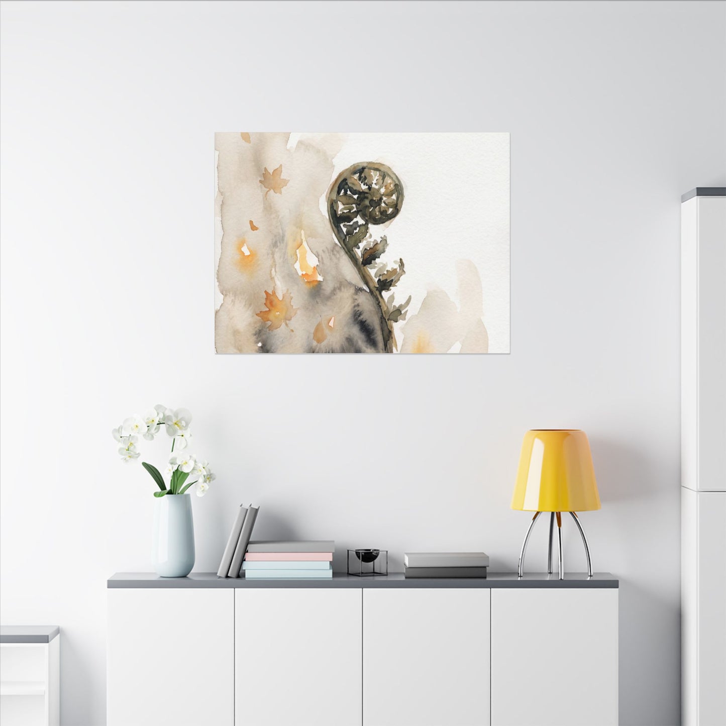 Fern Unfurling Watercolor Canvas Art | Earthy Japandi Art
