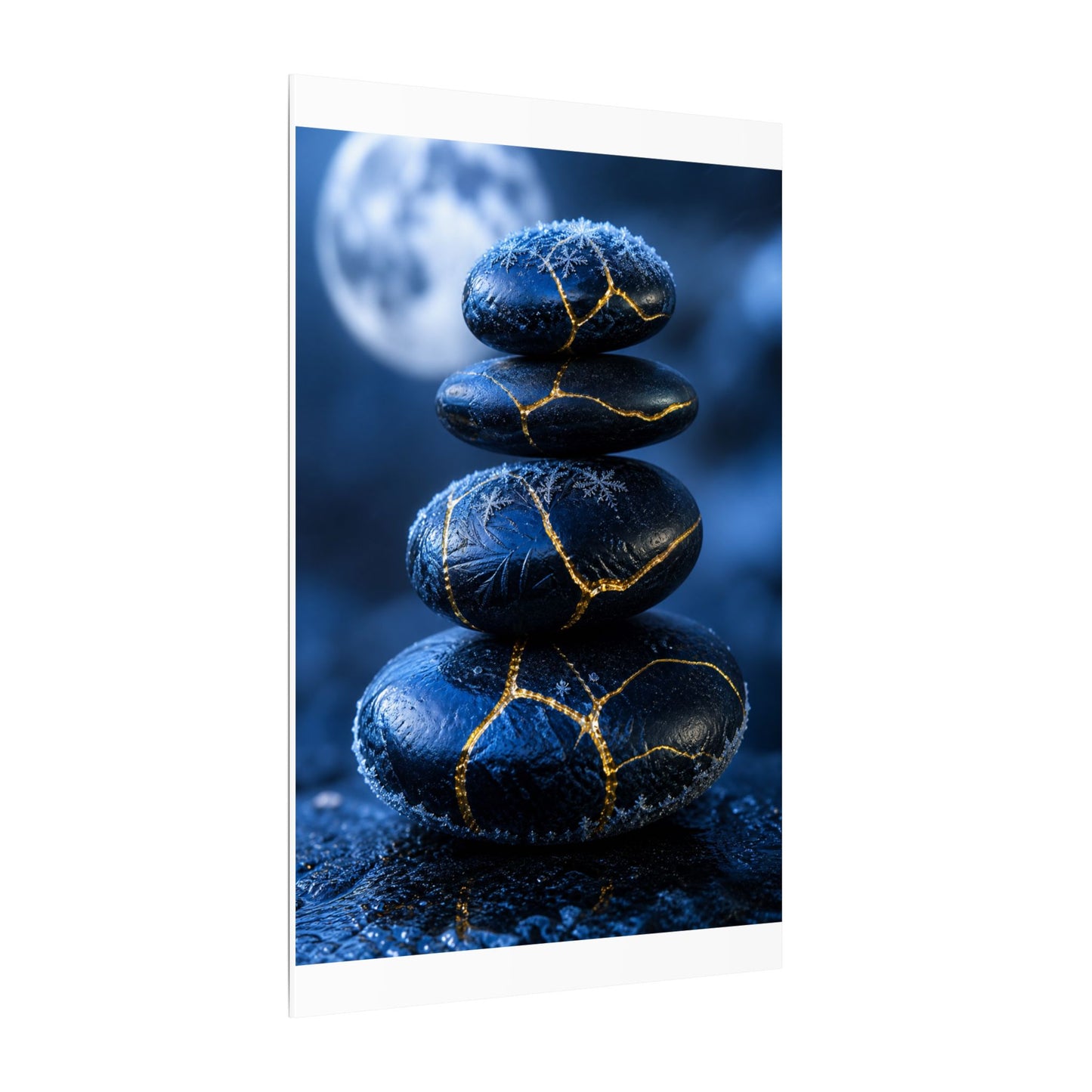 River Stones Canvas Art | Winter Kintsugi Gold Repair Art