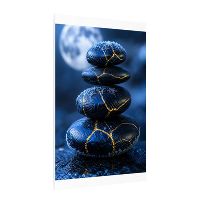 River Stones Canvas Art | Winter Kintsugi Gold Repair Art