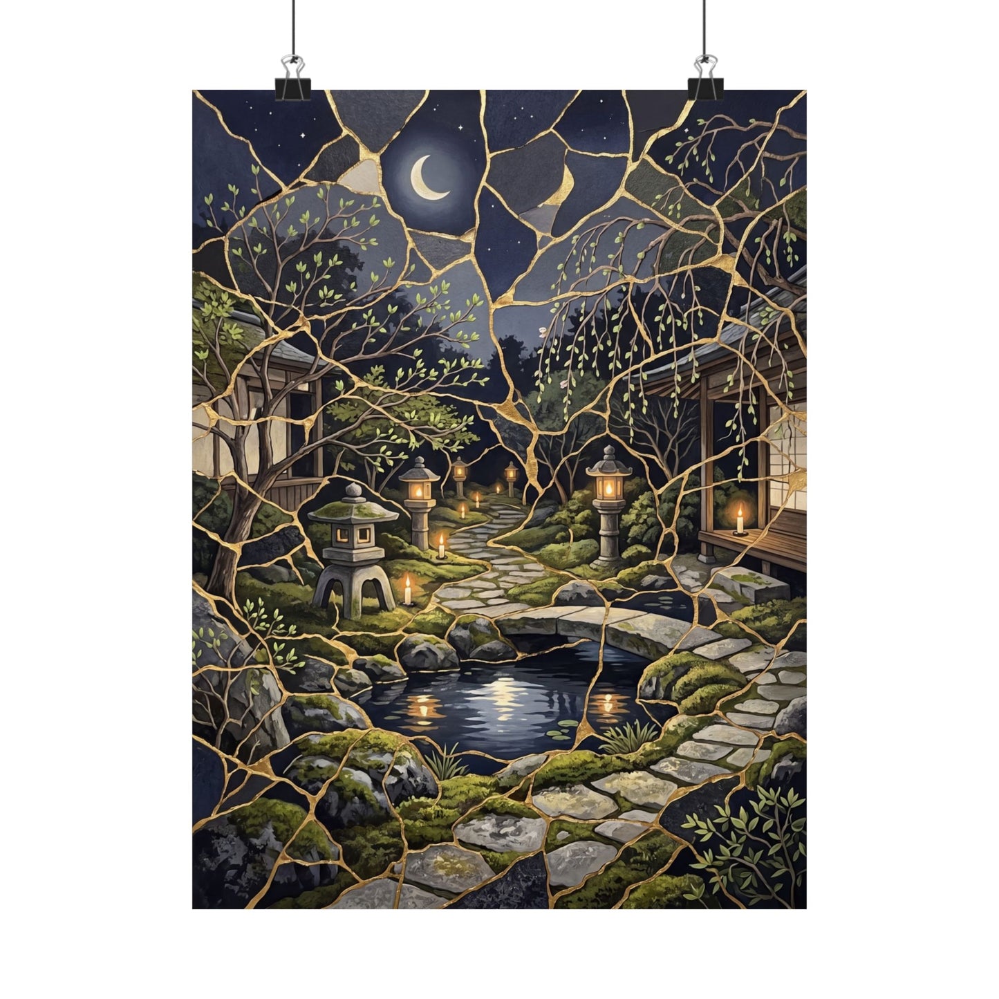 Spring Moonlit Garden Gold Vein Wall Art Print | Artful Decor