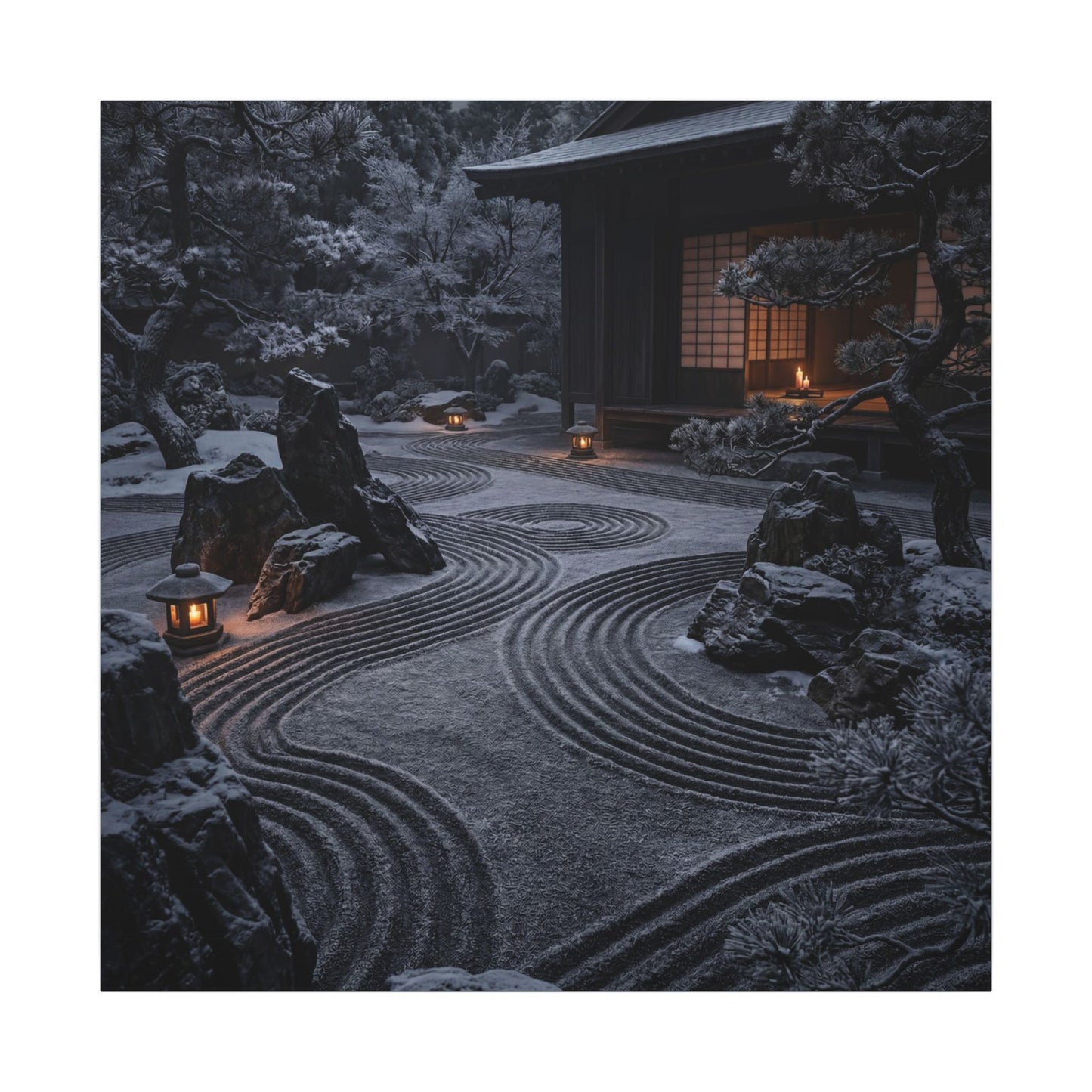 Candlelight Rock Garden Canvas Art - Dark Japandi Fukinsei