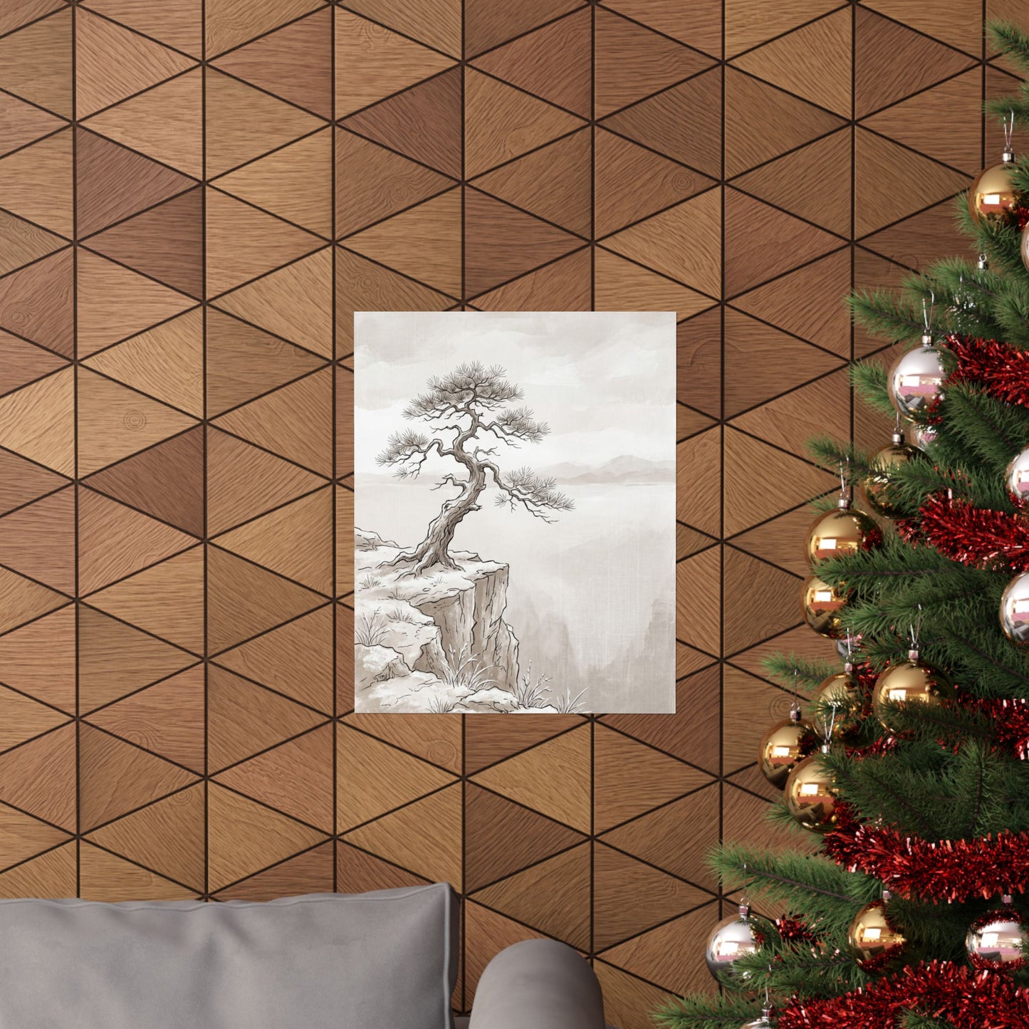 Japandi Pine Tree in Overcast | Minimal Line Wall Art Print