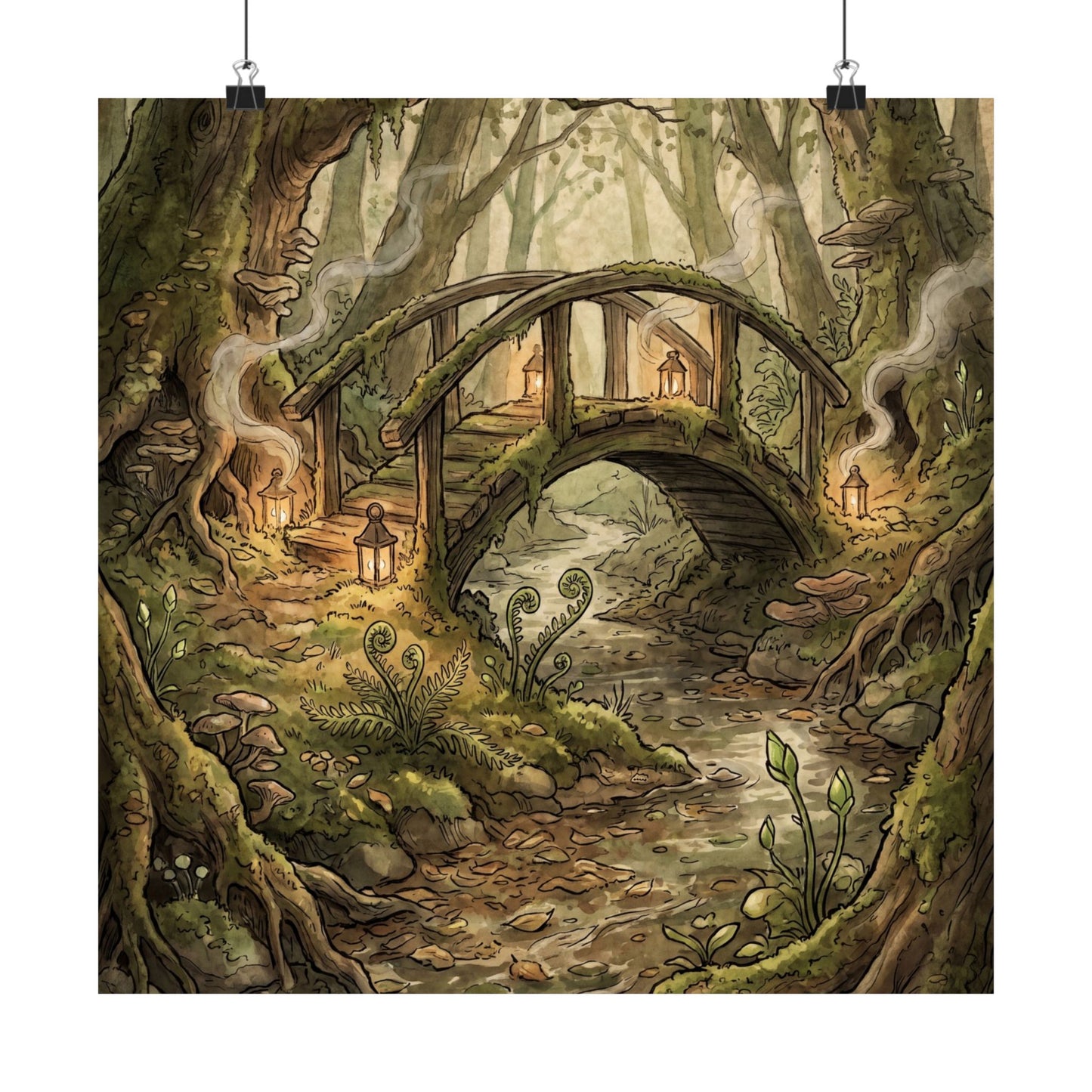 Spring Wooden Bridge Forest Whimsy Wall Art Print | Rustic Decor